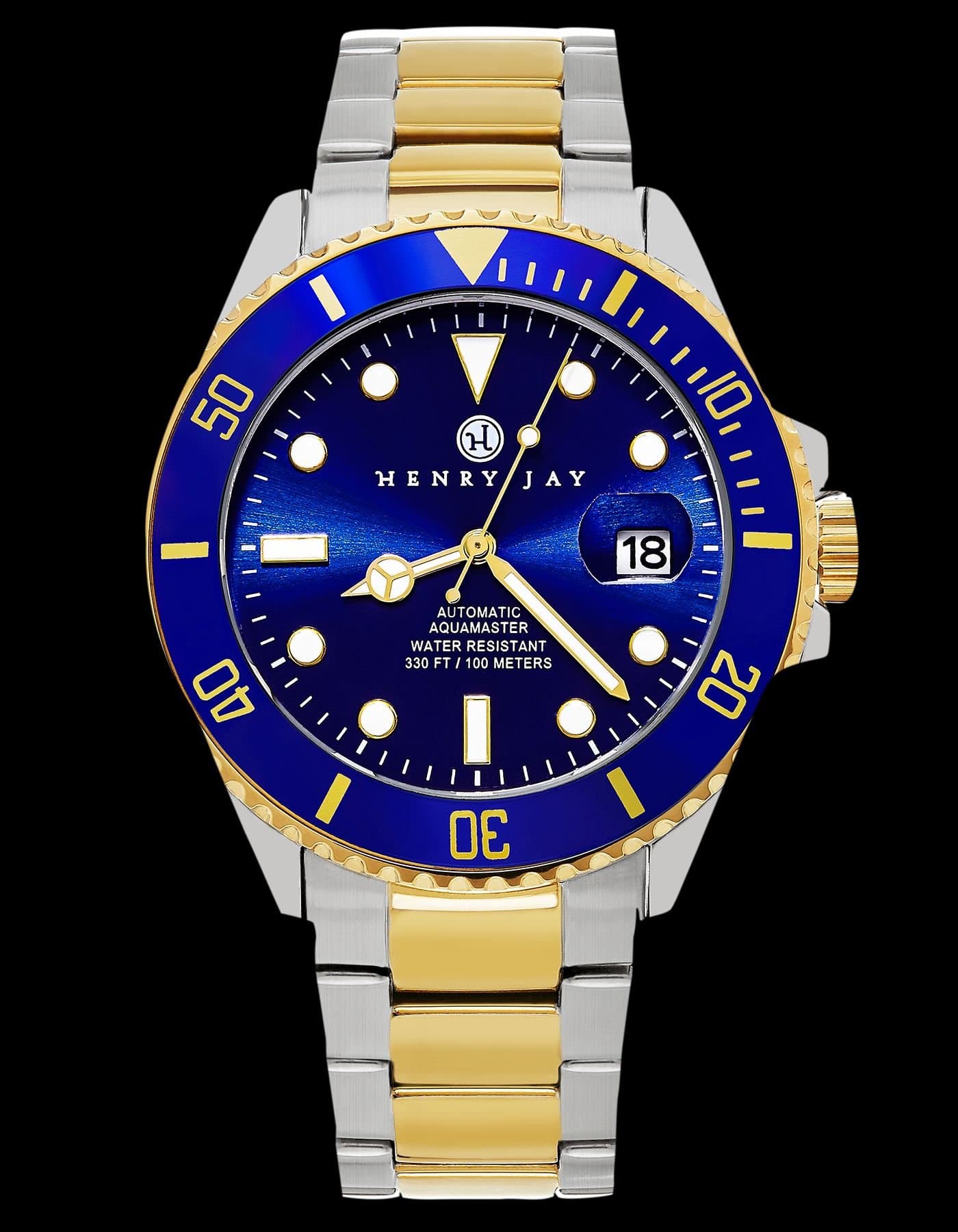 Henry Jay Henry Jay Men's Automatic Self Winding Mechanical Limited Edition 23K Gold Plated Two Tone Stainless Steel Specialty Aquamaster Professional Dive