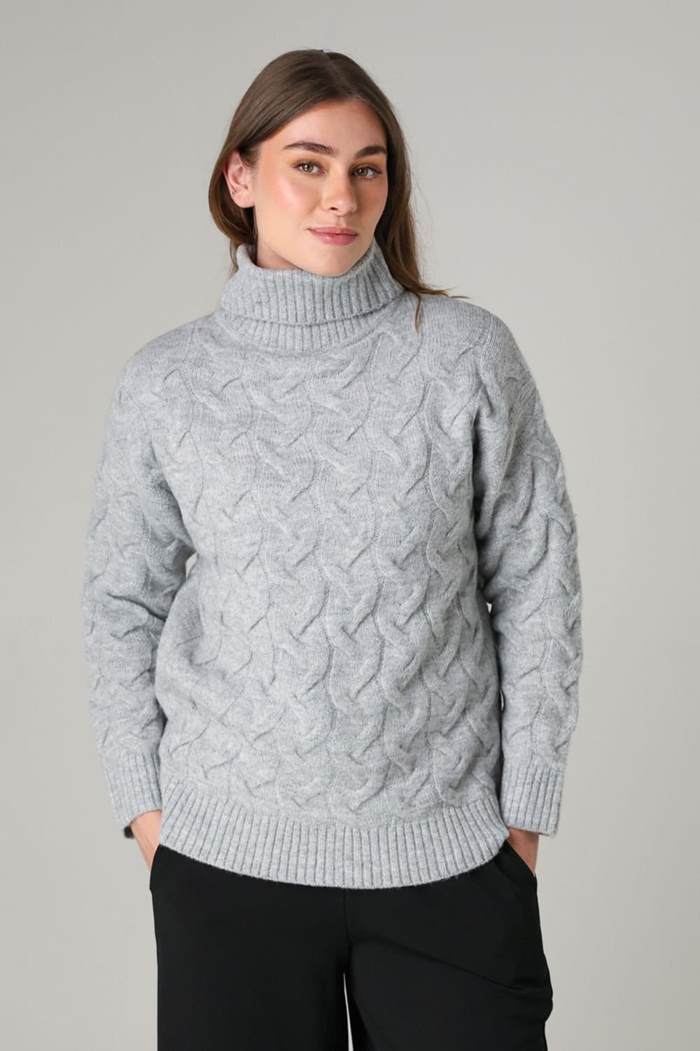 French Connection French Connection Women's Cable Knit Roll Neck Long Sleeve Jumper in Light Grey