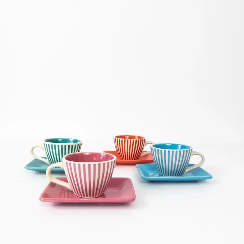 Yves Rocher LBVYR Yves Rocher Candy Stripe Espresso Cups & Saucers Multicoloured