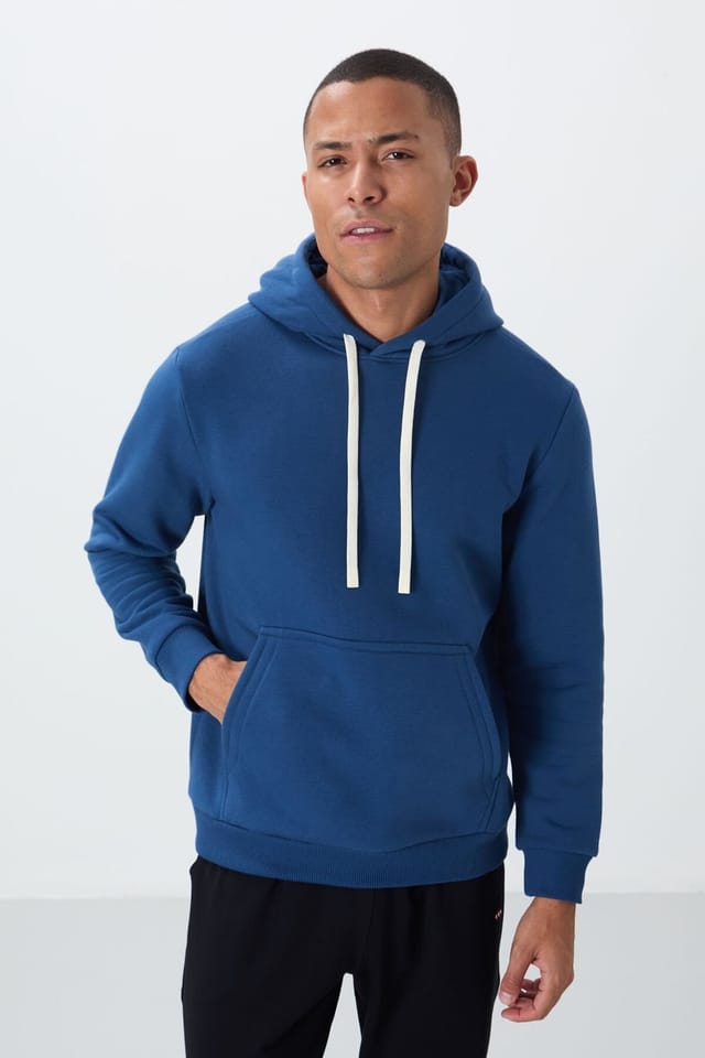 Tommy Life Tommy Life Men's Solid Hooded Sweatshirt With Pocket in Blue - 2