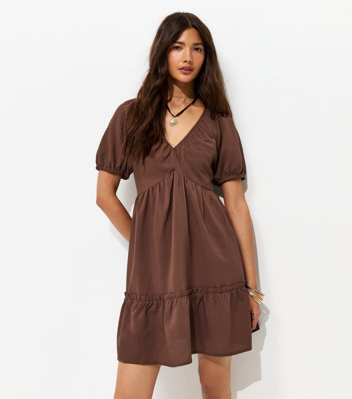 New Look Women's Dark Brown Textured Tiered Mini Smock Dress New Look