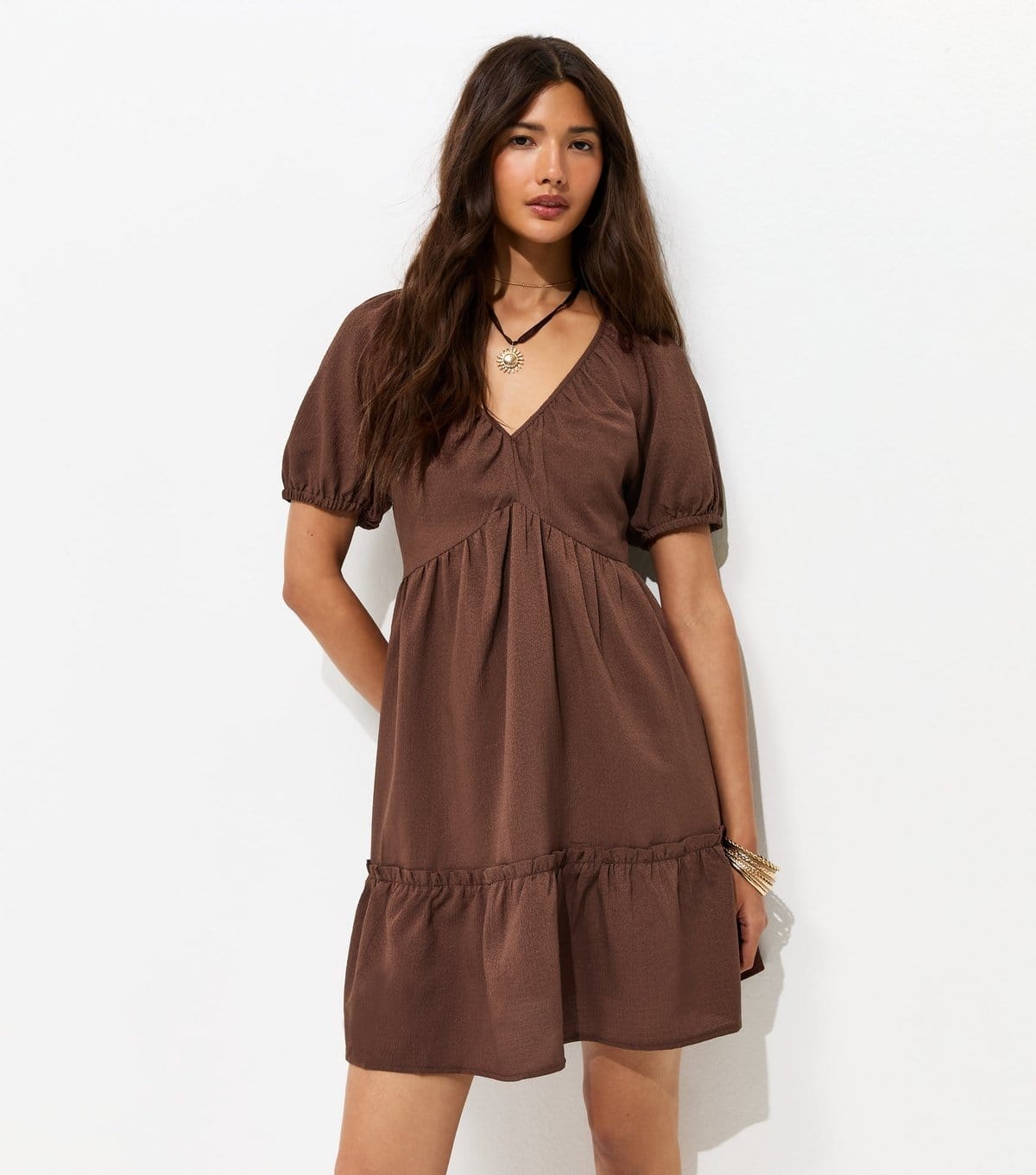 New Look Dark Brown Textured Tiered Mini Smock Dress