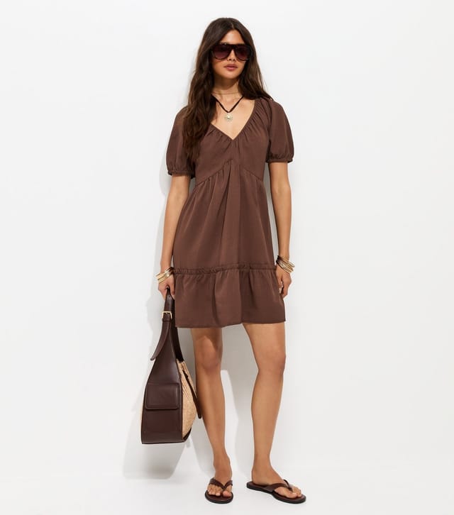 New Look Women's Dark Brown Textured Tiered Mini Smock Dress New Look - 3