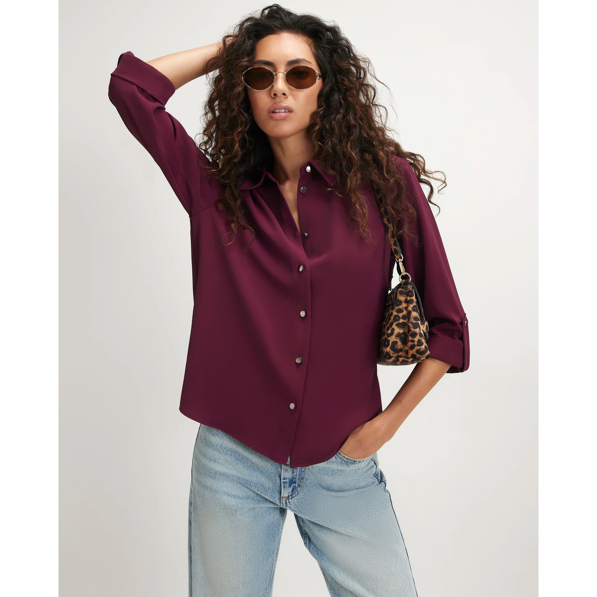 River Island River Island Womens Purple Turnback Sleeve Shirt