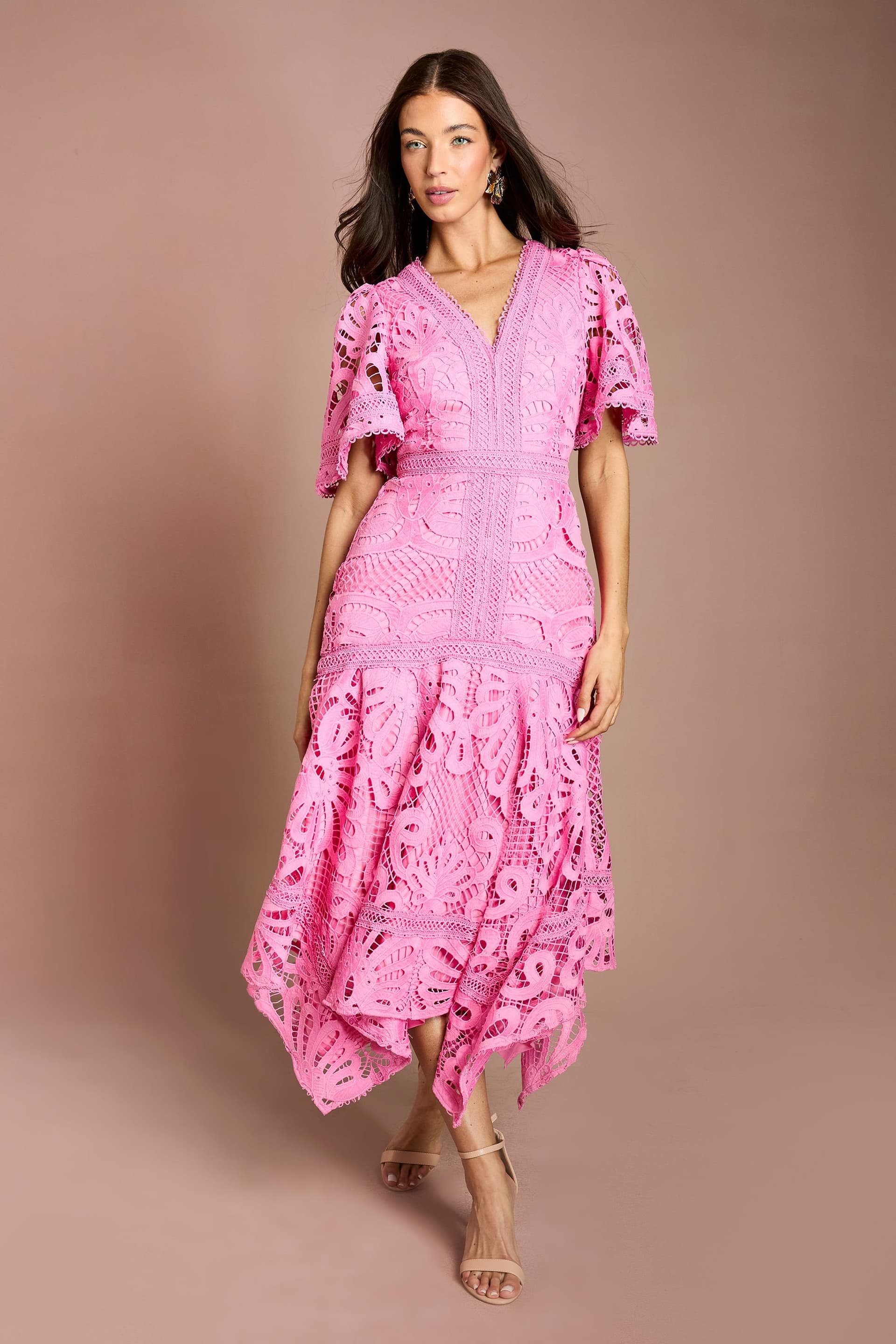 Coast Coast Women's Placement Lace Hanky Hem Dress in Pink