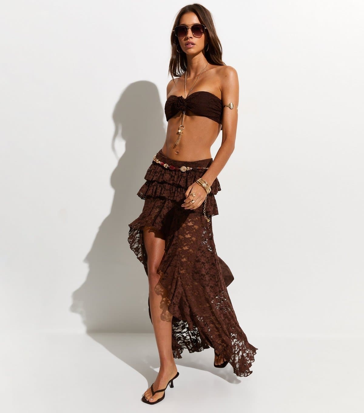 New Look Women's Brown Ruffled Lace Dipped Hem Skirt New Look