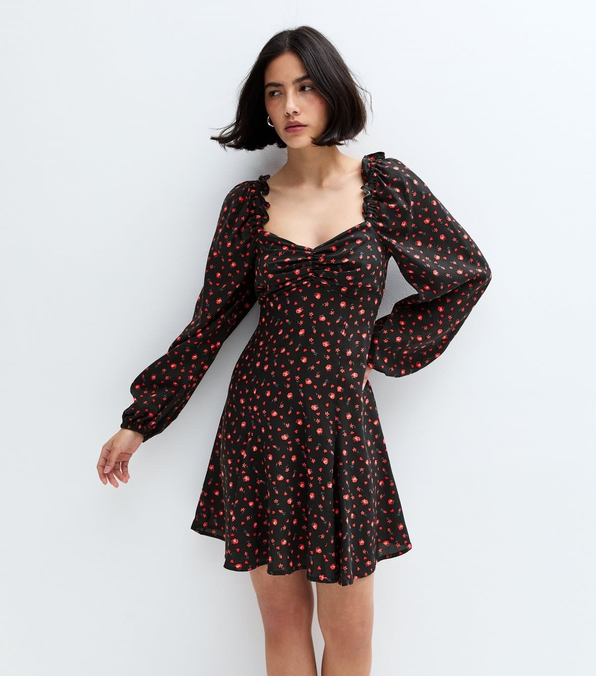New Look Women's Black Floral Print Sweetheart Neck Mini Dress New Look