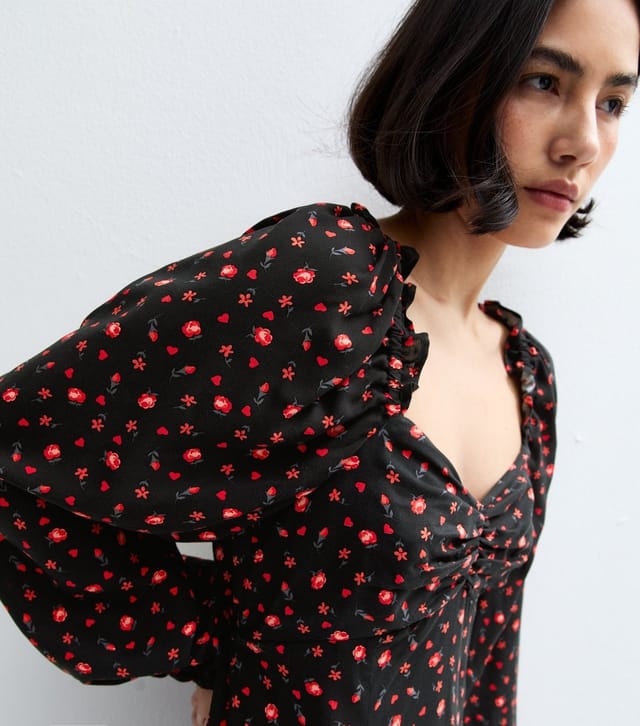 New Look Women's Black Floral Print Sweetheart Neck Mini Dress New Look - 2