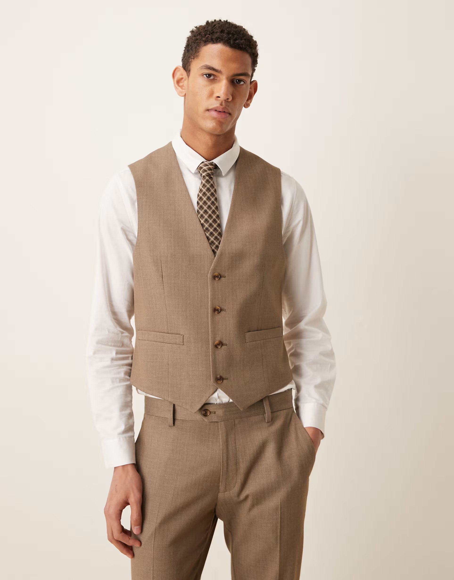 ASOS ASOS DESIGN skinny suit waistcoat in beige wool look herringbone - 1