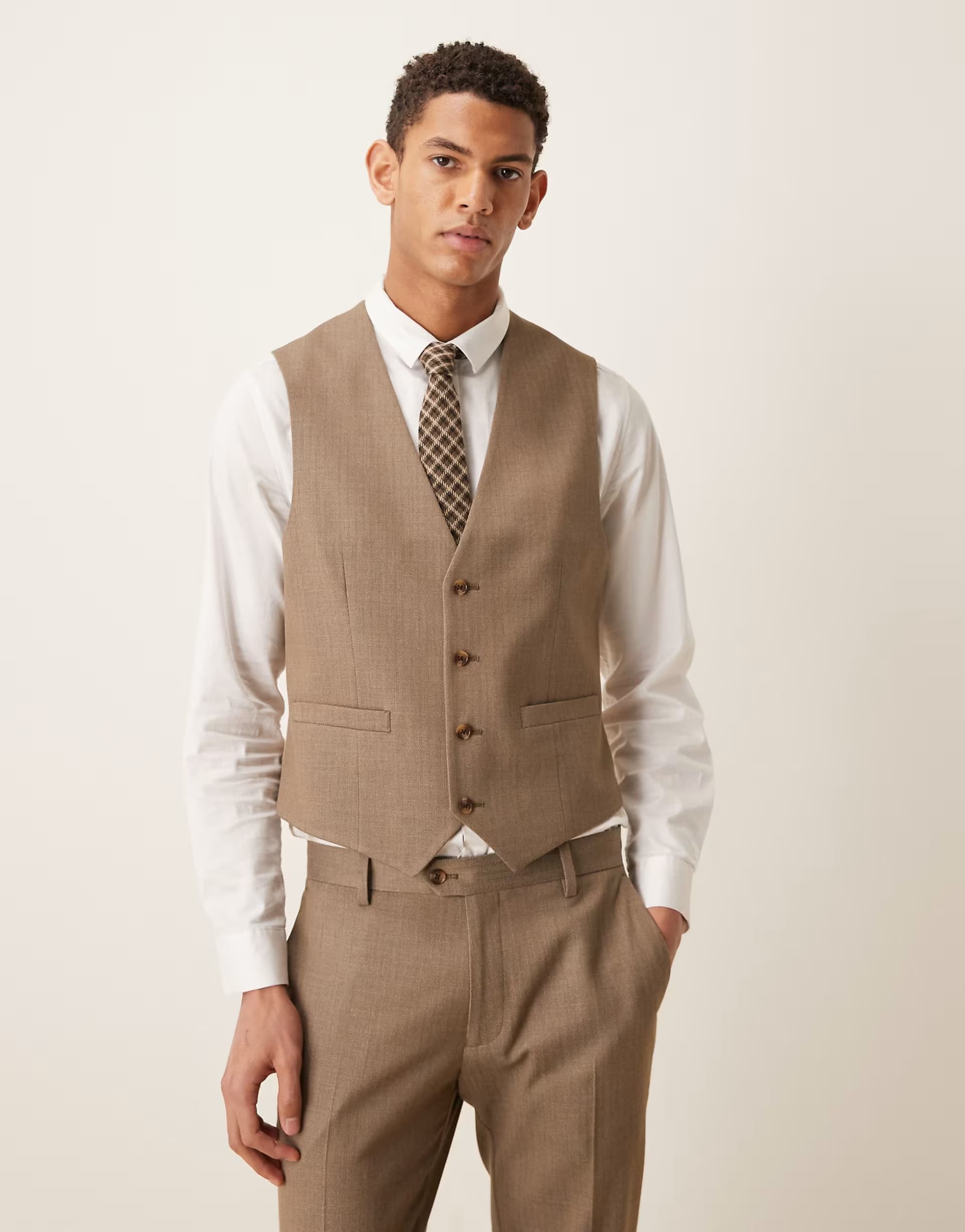 ASOS ASOS Skinny Suit Waistcoat in Beige Wool Look Herringbone
