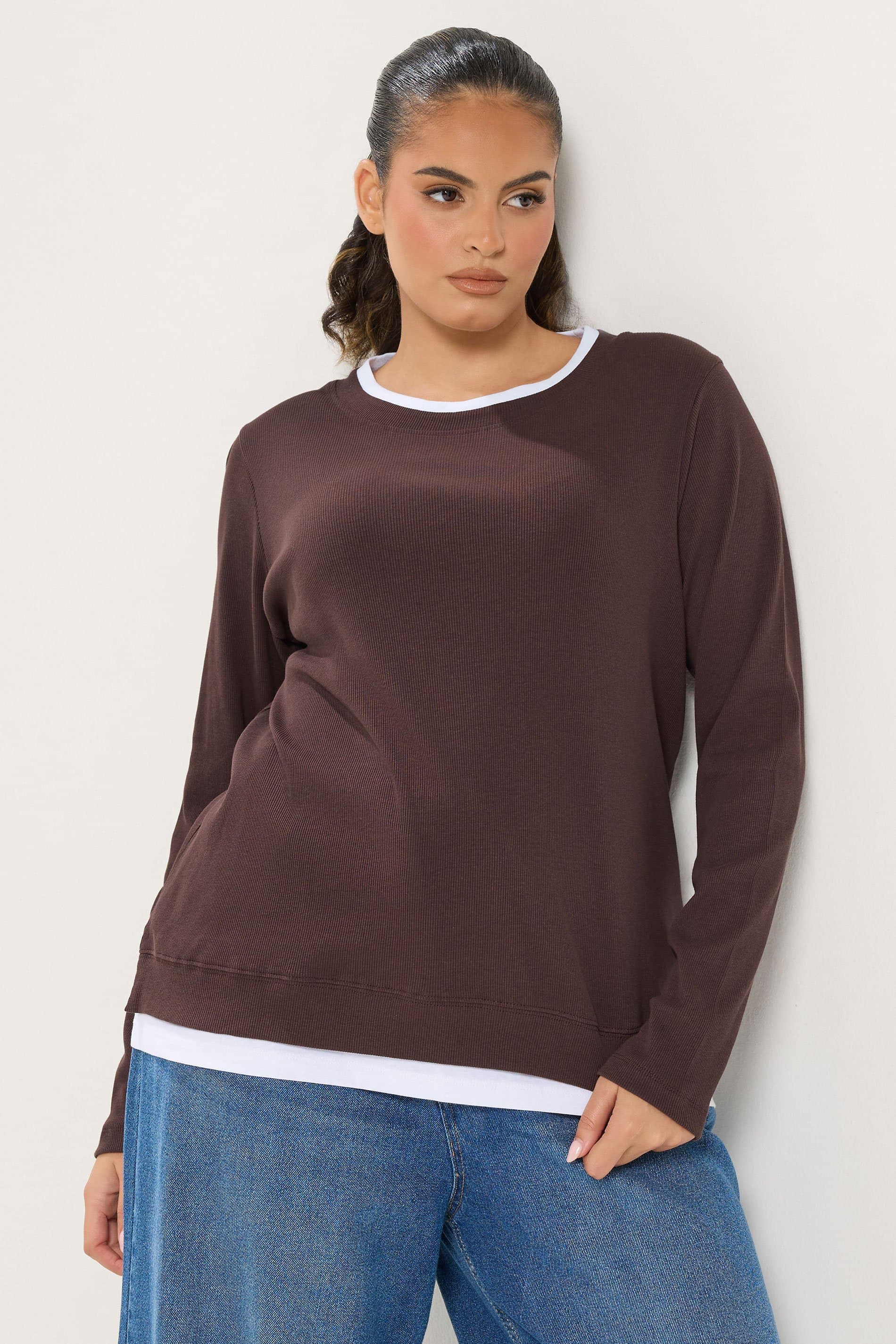 Yours Plus Size Chocolate Brown & White 2In1 Long Sleeve Top