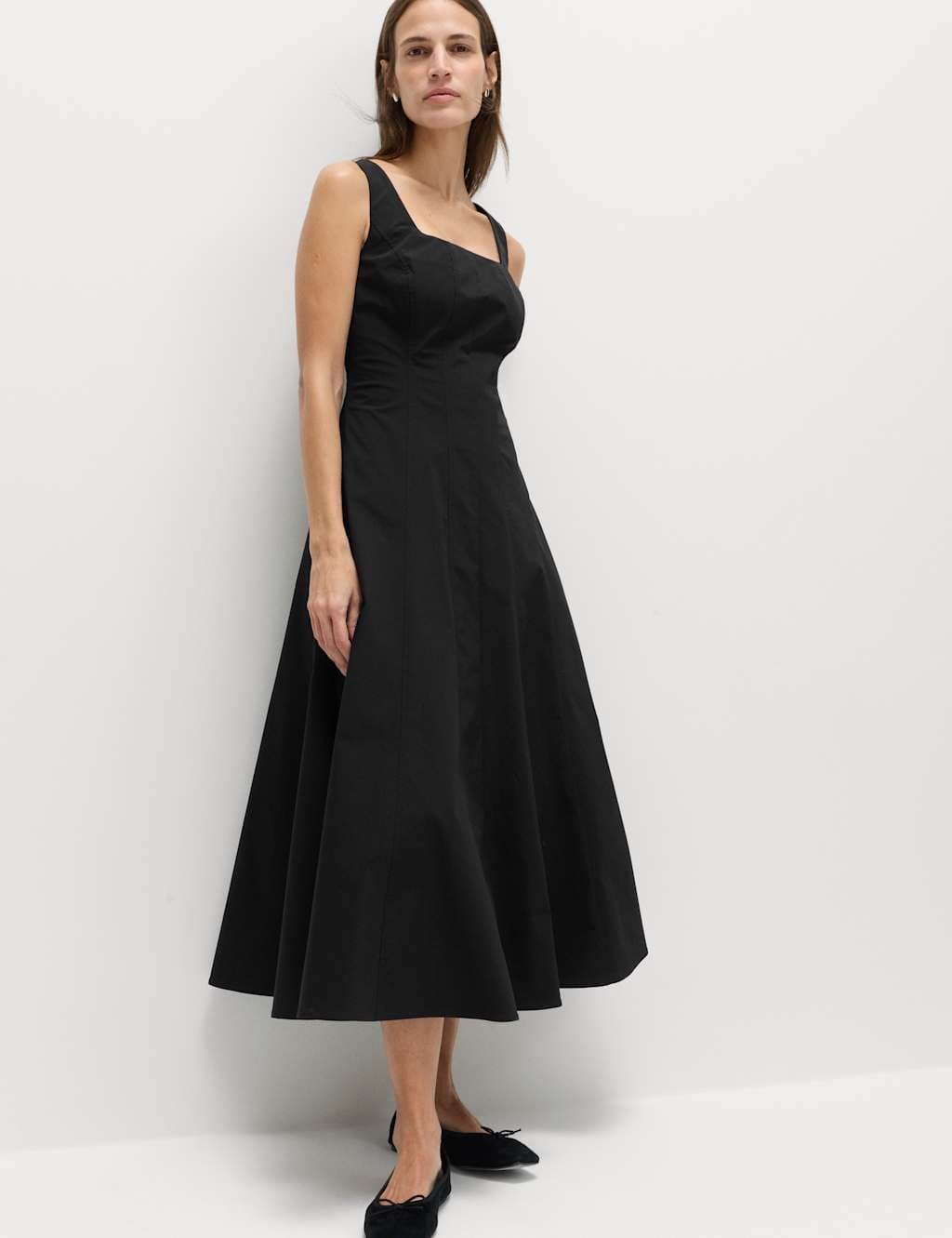 Marks & Spencer M&S Cotton Rich Panel Midi Waisted Skater Dress Black