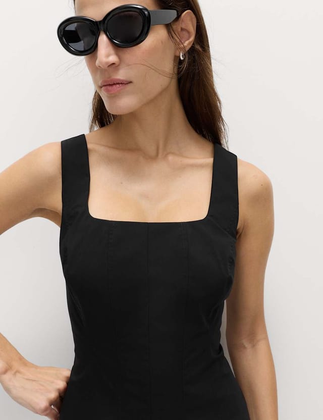 Marks & Spencer M&S Cotton Rich Panel Midi Waisted Skater Dress Black - 2