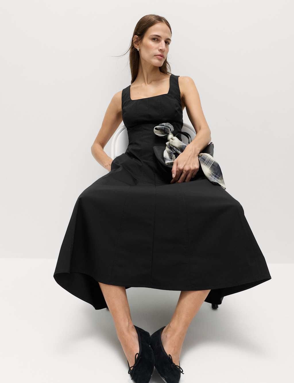 Marks & Spencer M&S Cotton Rich Panel Midi Waisted Skater Dress Black - 4