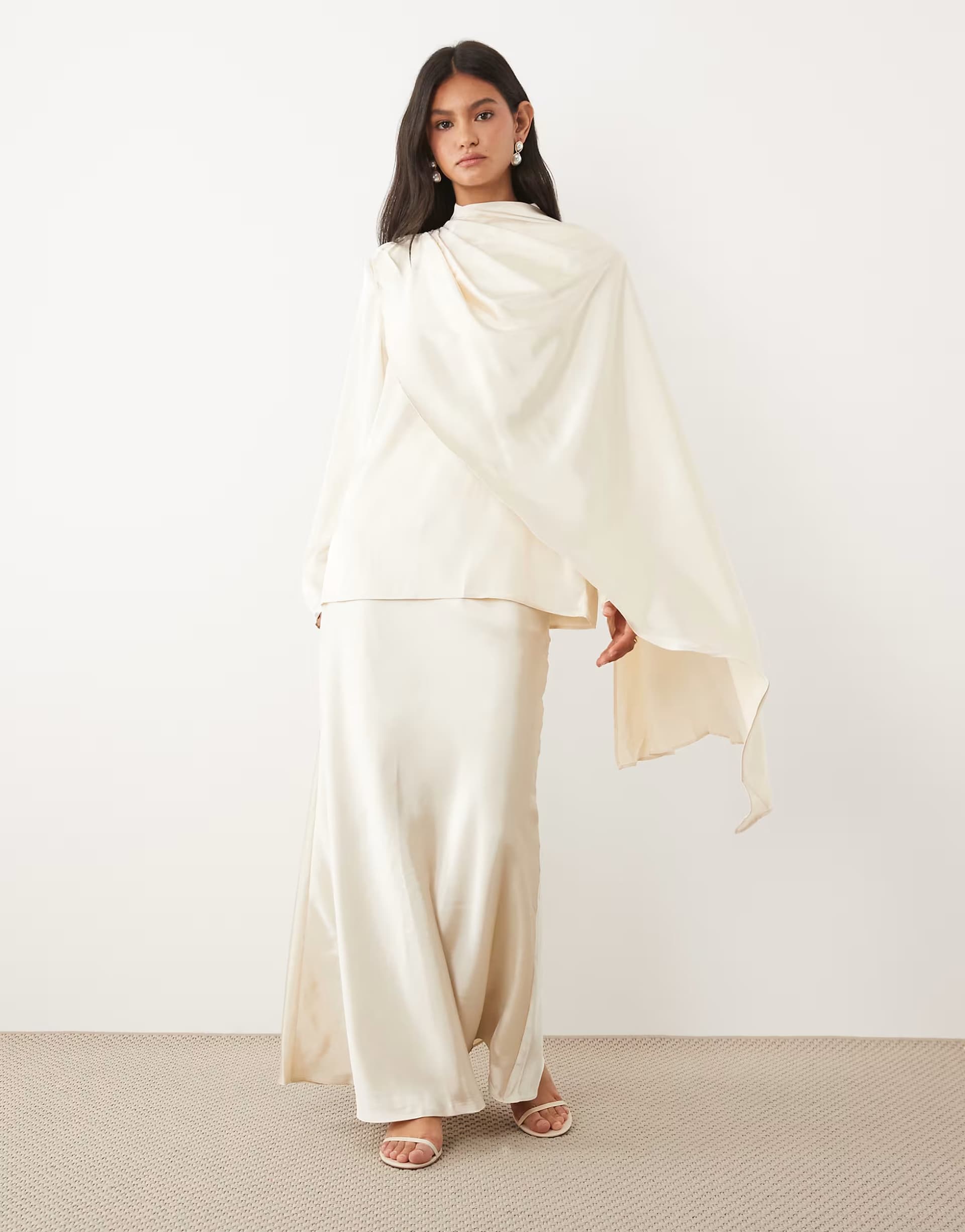 ASOS JW PEI satin maxi slip skirt co-ord in cream
