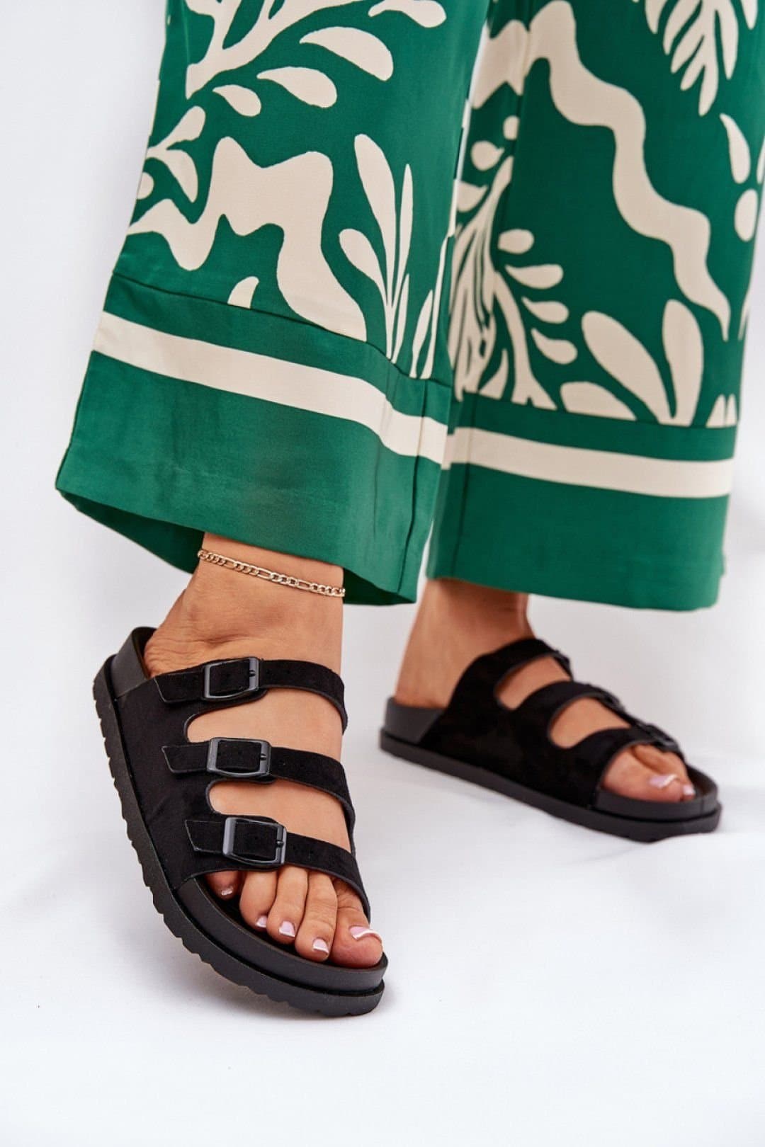 Love Lace Love Lace Women's Adjustable Strap Suede Slip On Sandal Slippers Comfort Fit in Black