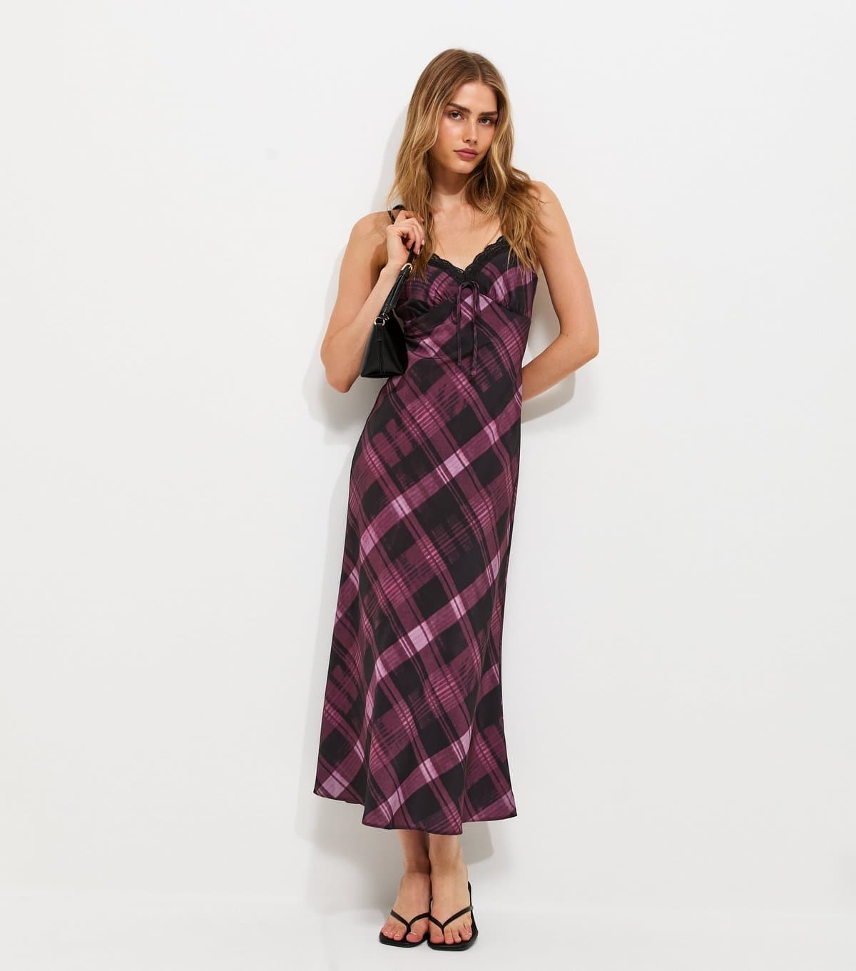 New Look Women's Pink Checked Lace Trim Midi Dress New Look