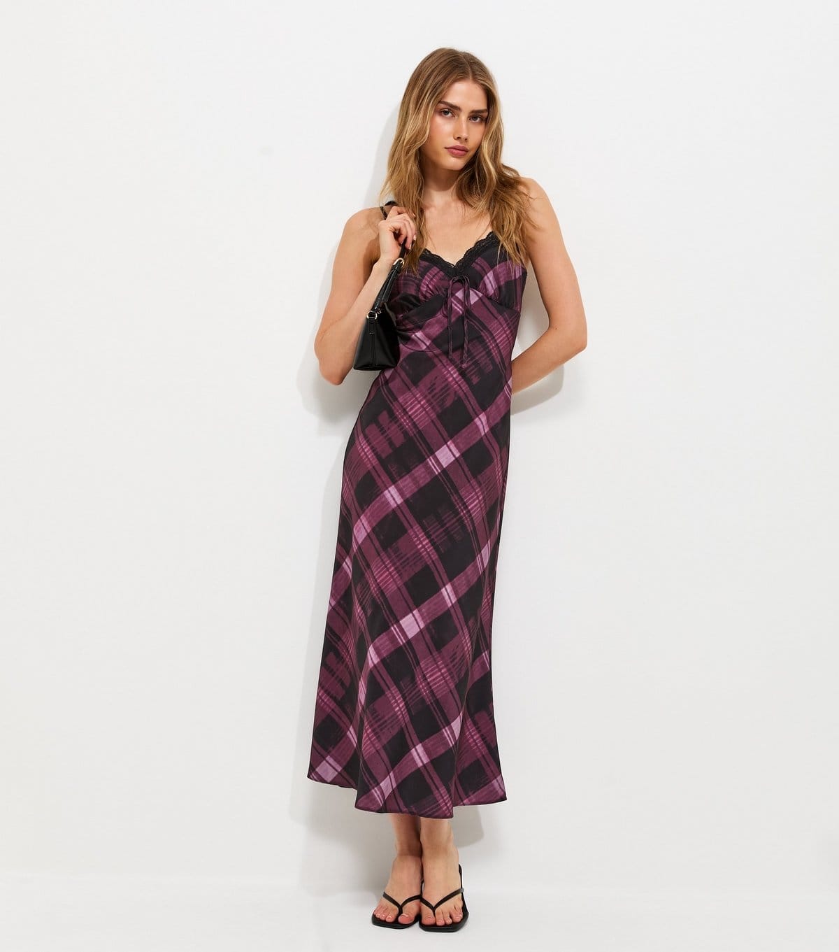 New Look Women's Pink Checked Lace Trim Midi Dress New Look - 1