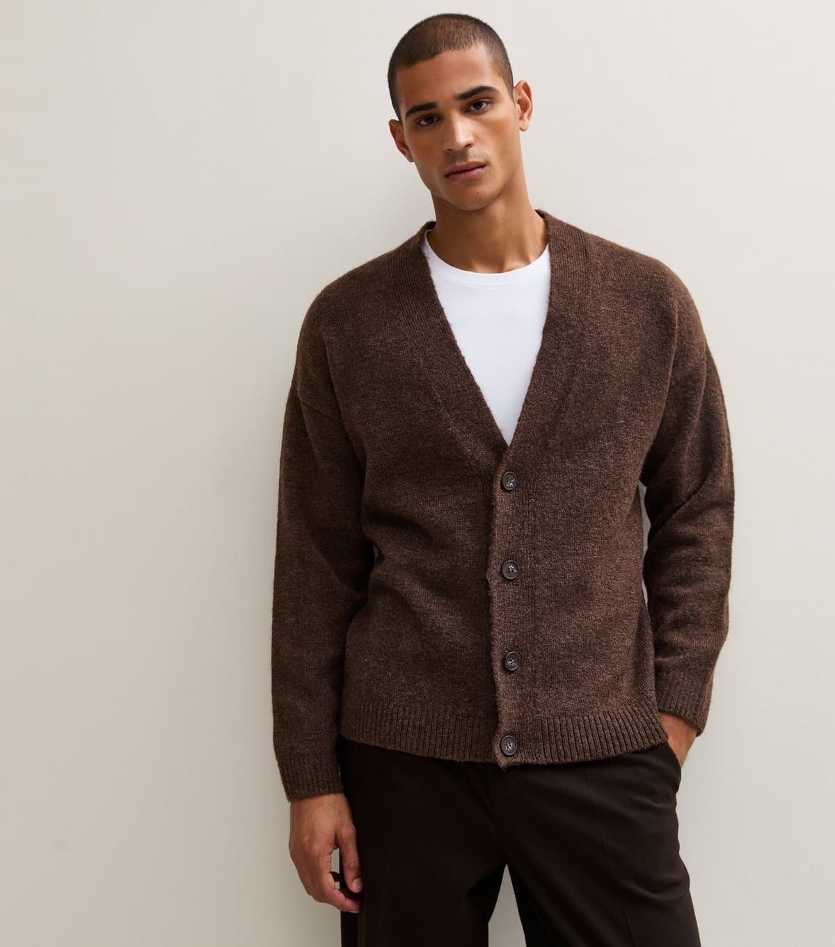 New Look Men's Dark Brown Relaxed Fit Fluffy Knit V Neck Cardigan New Look