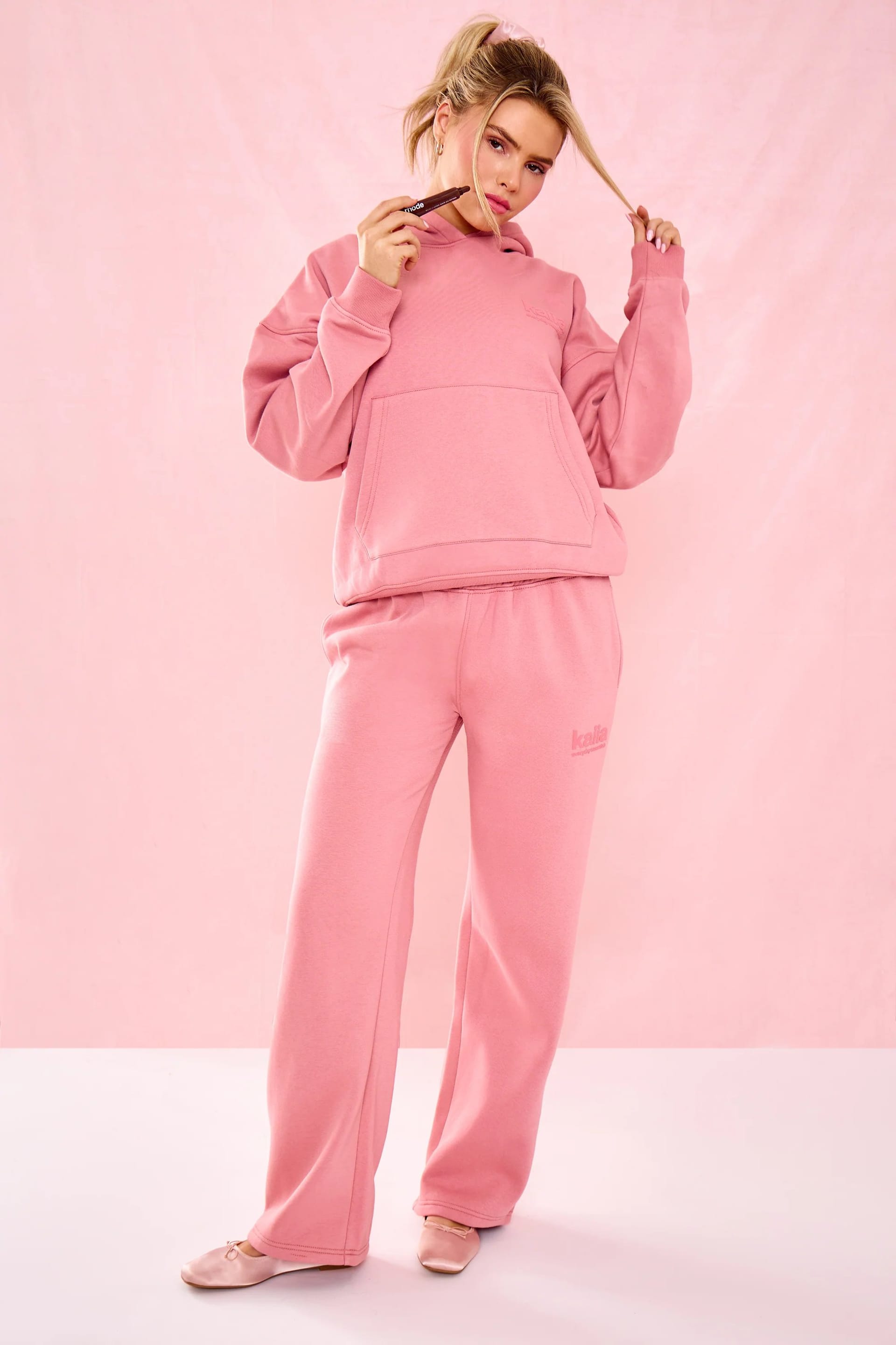 Kaiia Rosey Blush Matte Slogan Mid Rise Wide Leg Joggers