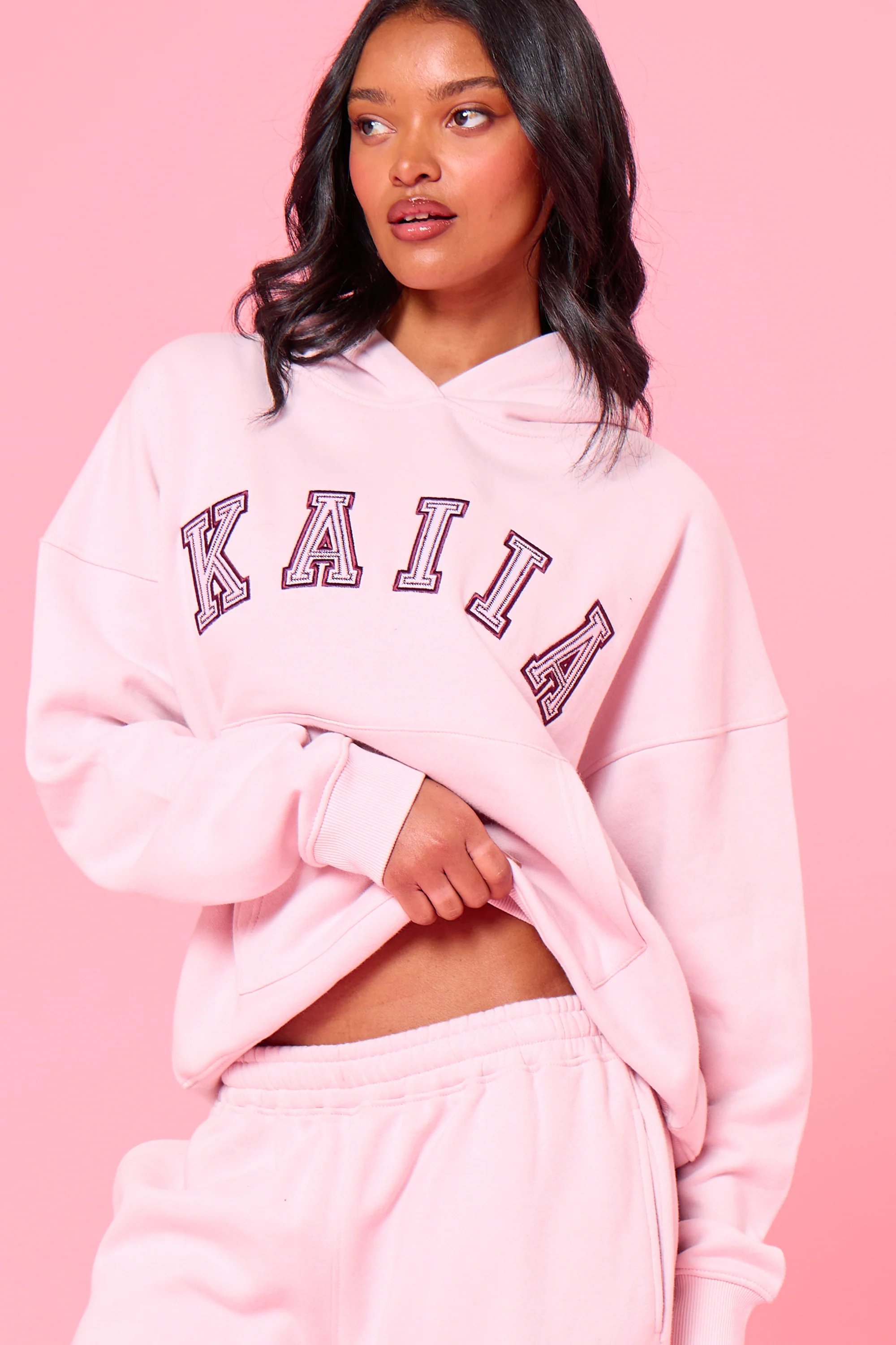 Kaiia Kaiia Chainstitch Slogan Oversized Hoodie Baby Pink - 2