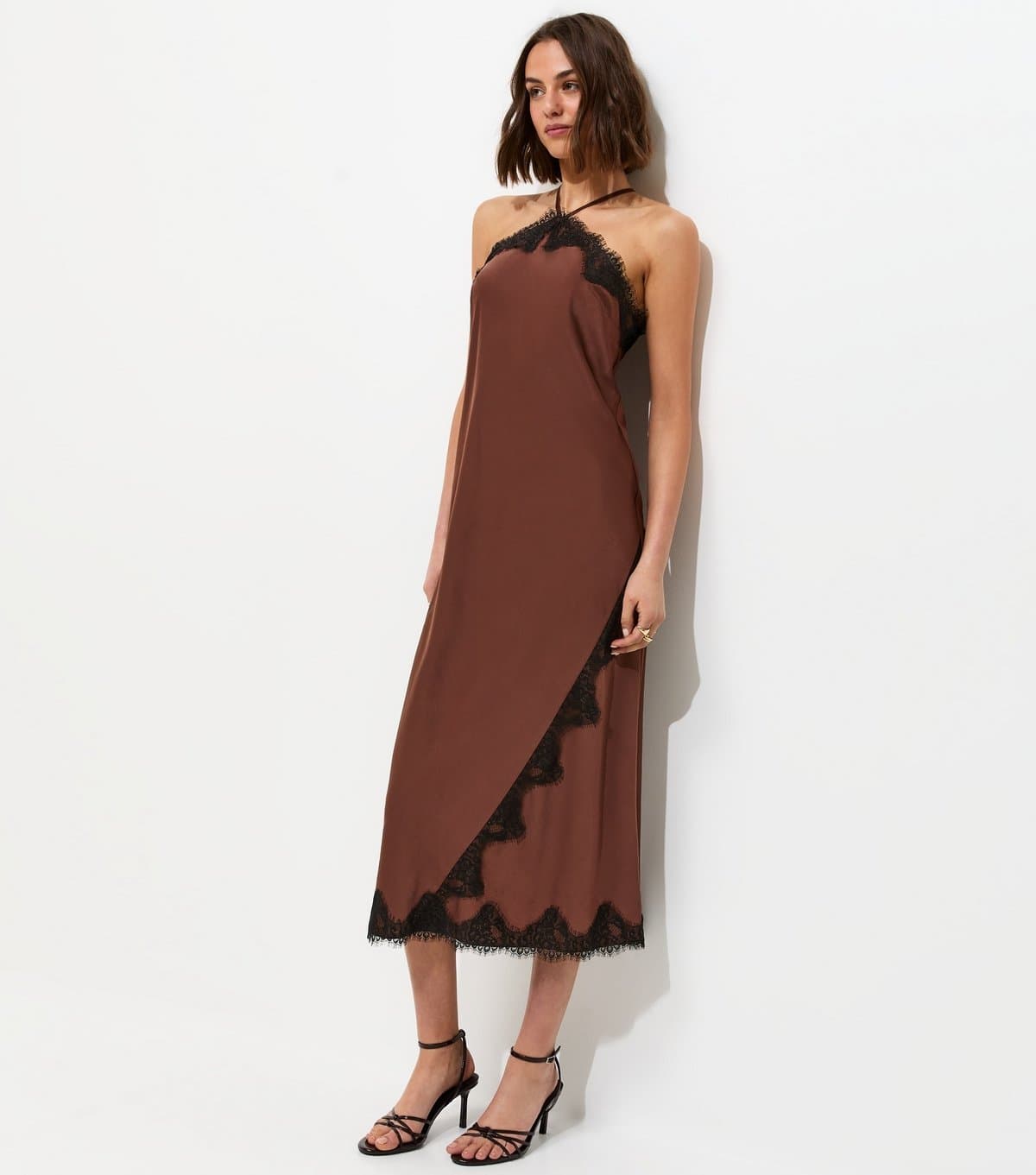 New Look Women's Dark Brown Satin Lace Trimmed Halter Neck Midi Dress New Look