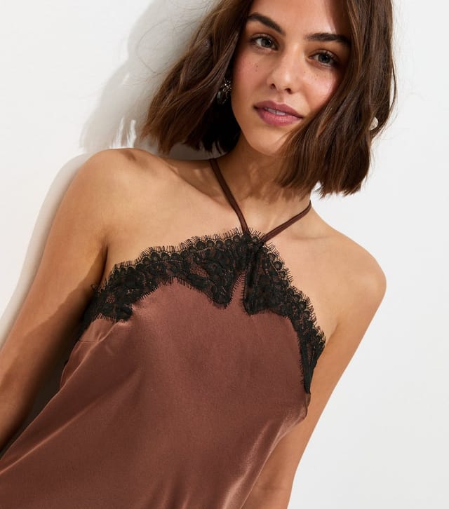 New Look Women's Dark Brown Satin Lace Trimmed Halter Neck Midi Dress New Look - 2