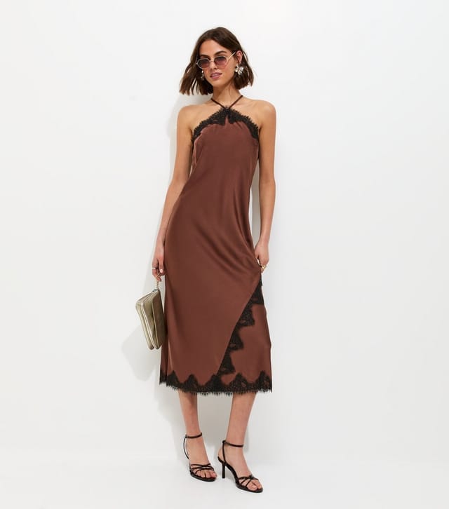 New Look Women's Dark Brown Satin Lace Trimmed Halter Neck Midi Dress New Look - 3