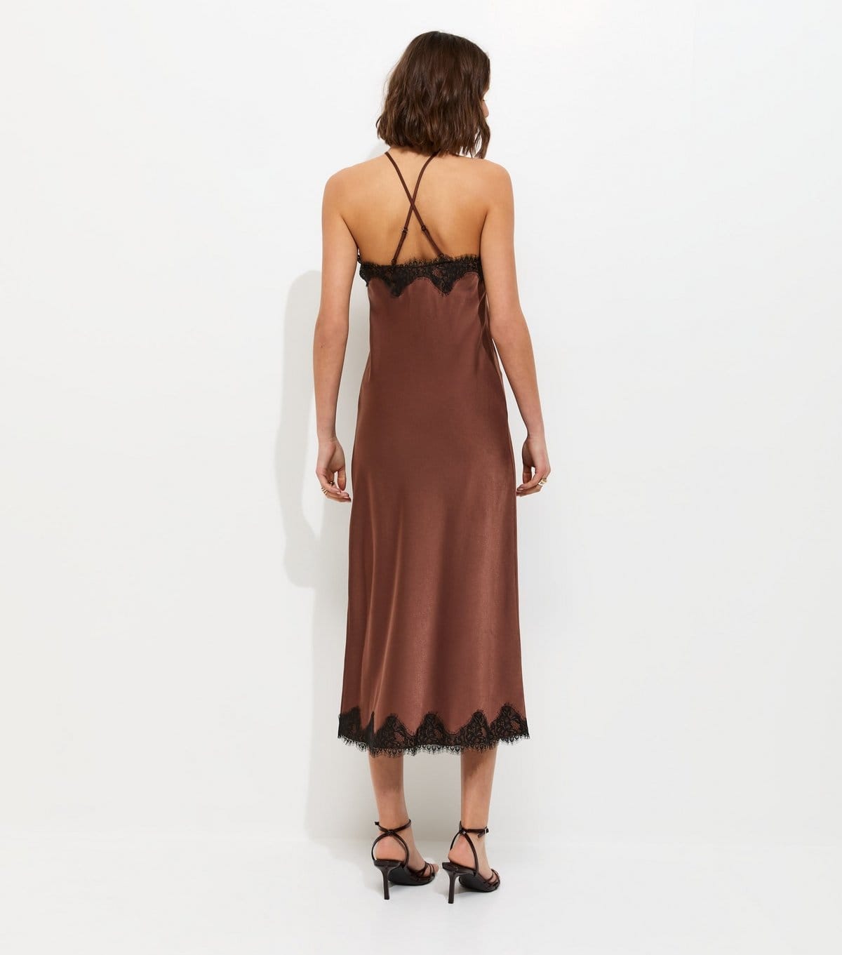 New Look Women's Dark Brown Satin Lace Trimmed Halter Neck Midi Dress New Look - 4