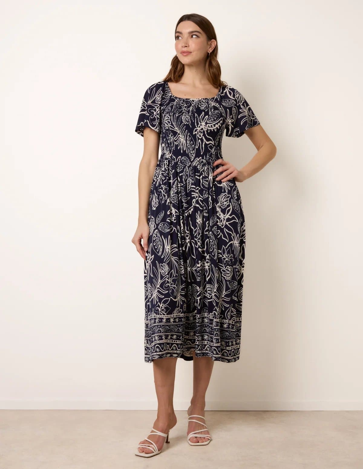 Blue Vanilla Shirred Drop Waist Midi Dress