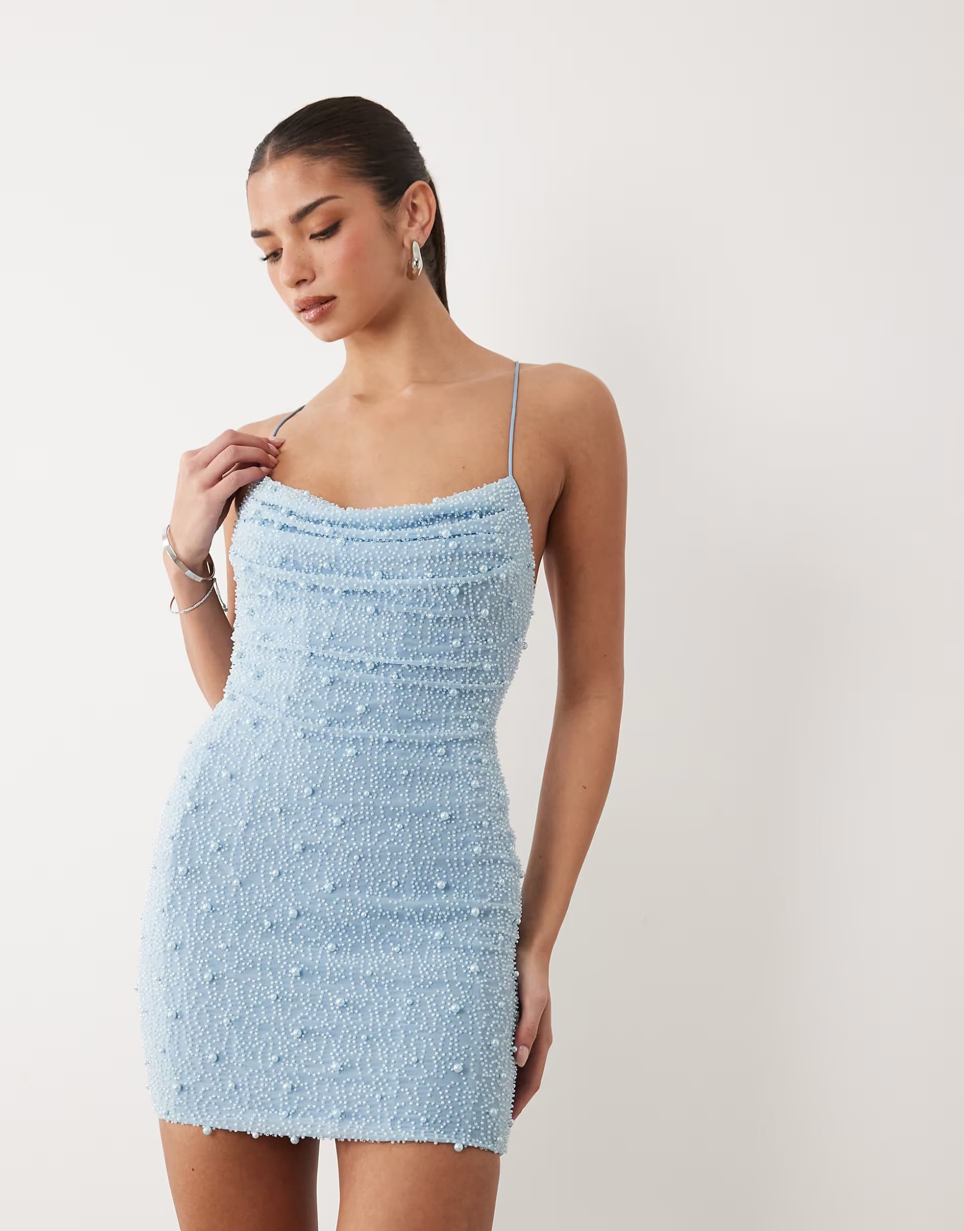 ASOS Oh Polly cowl neck embellished mini dress in light blue