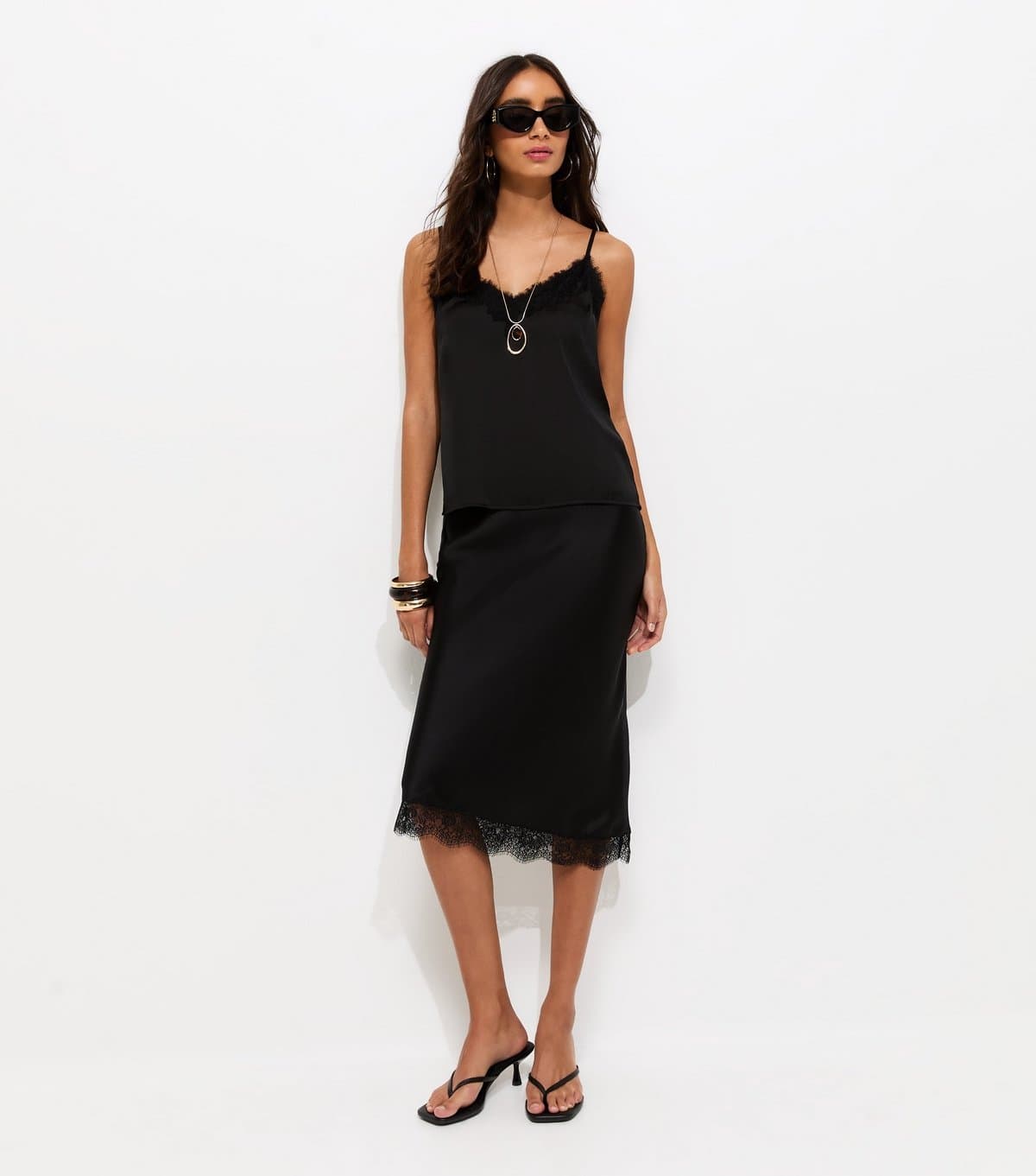 New Look Women's Black Satin Lace Trimmed Midi Skirt New Look