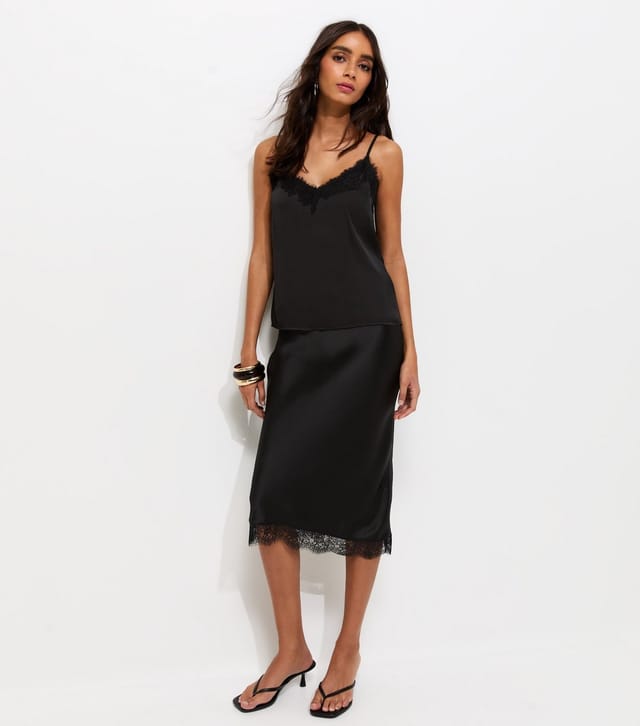 New Look Women's Black Satin Lace Trimmed Midi Skirt New Look - 3