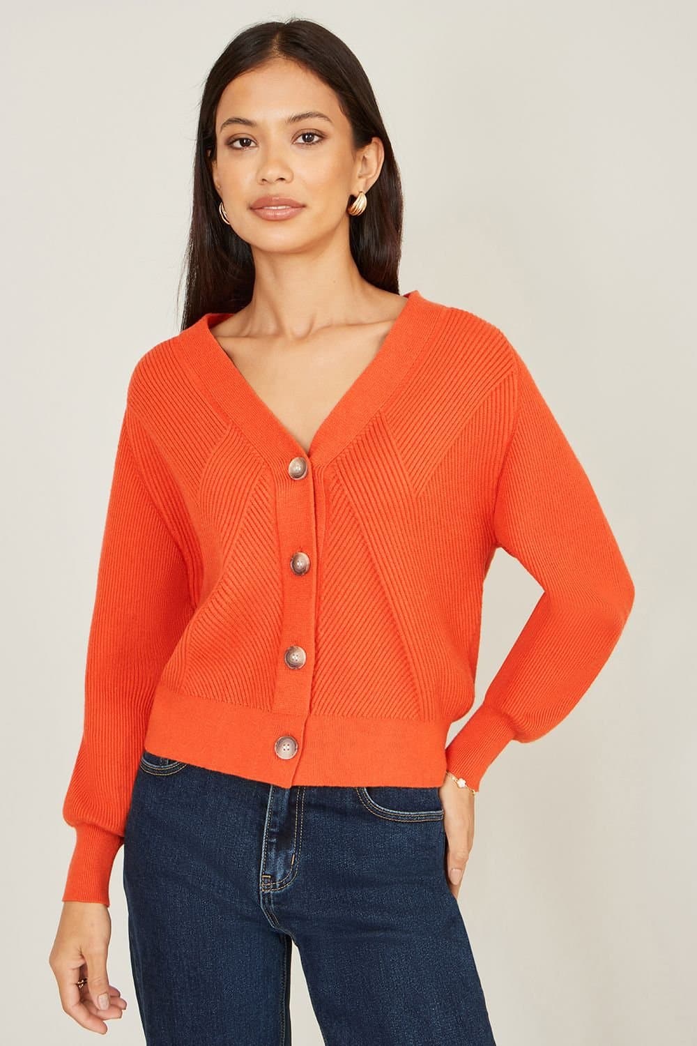 Yumi Yumi Women's Orange Relaxed Fit Cardigan With Stitch Detail