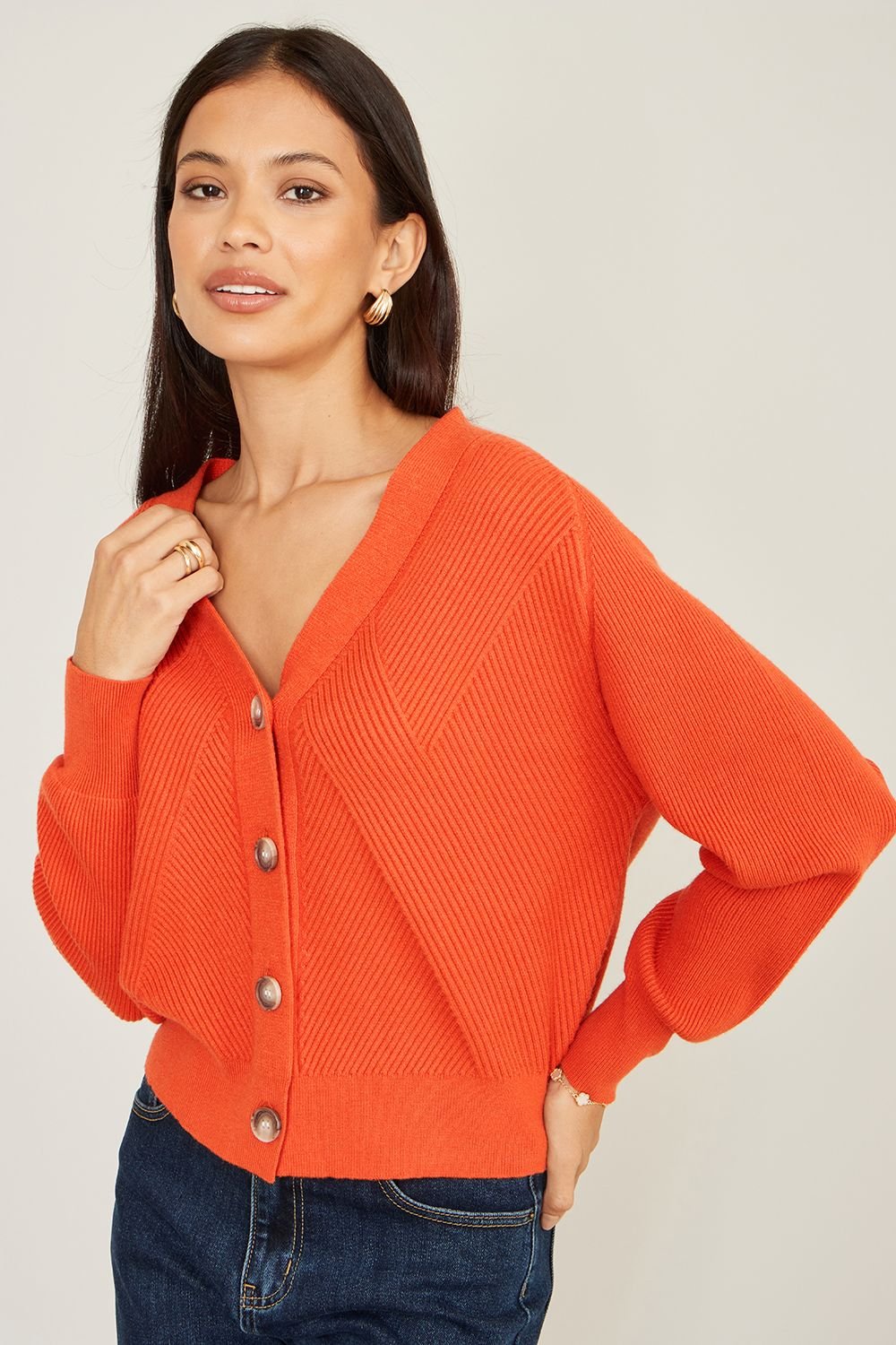 Yumi Yumi Women's Orange Relaxed Fit Cardigan With Stitch Detail - 2