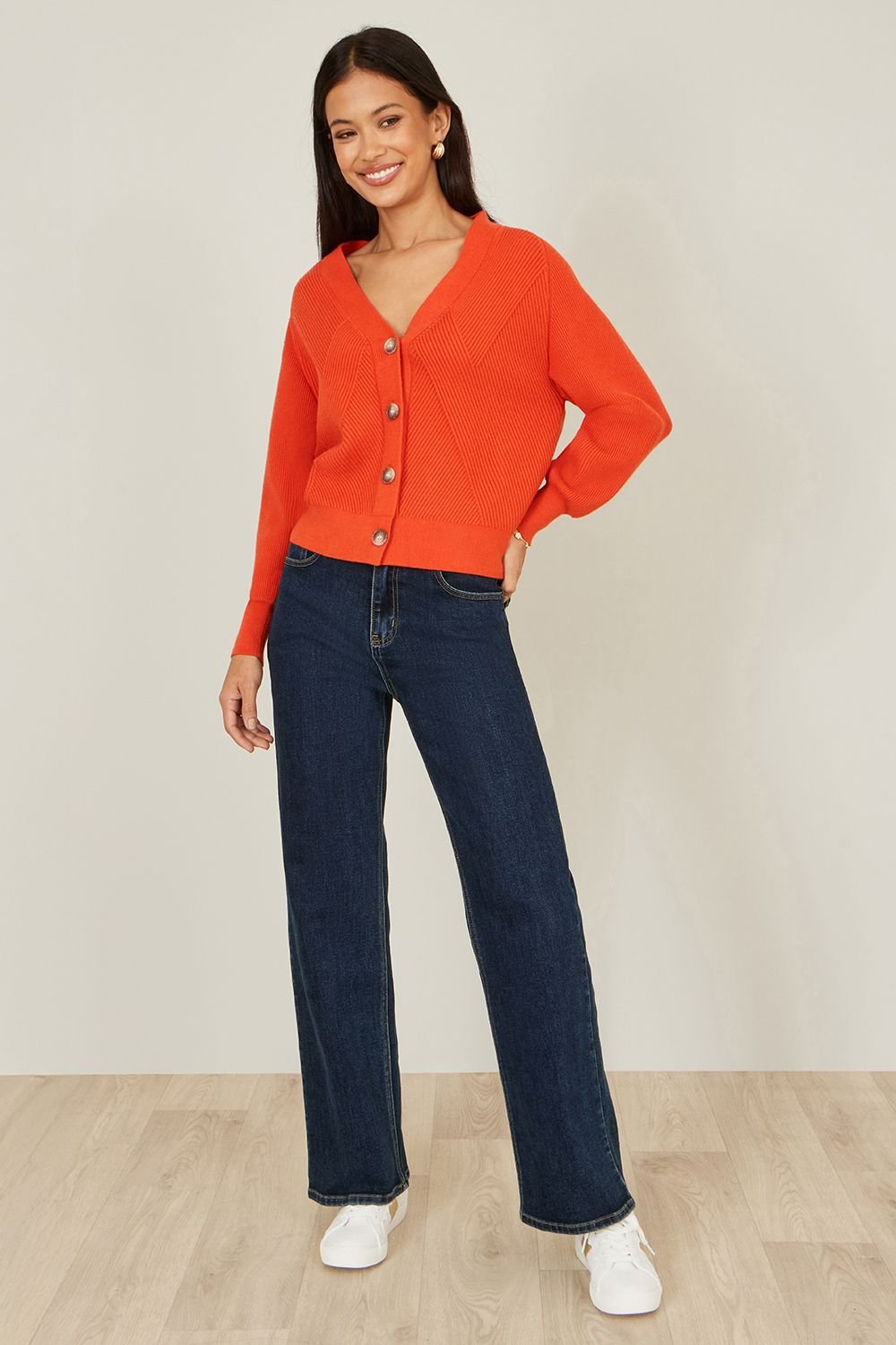 Yumi Yumi Women's Orange Relaxed Fit Cardigan With Stitch Detail - 3