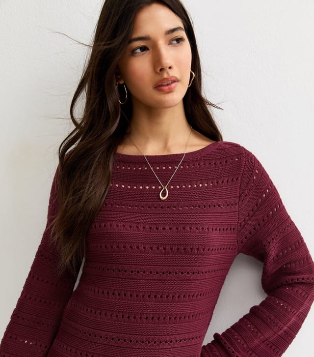 New Look Women's Dark Purple Cotton Rich Pointelle Slash Neck Mini Dress New Look - 2