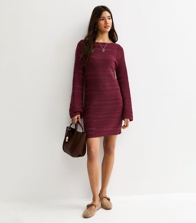 New Look Women's Dark Purple Cotton Rich Pointelle Slash Neck Mini Dress New Look - 3