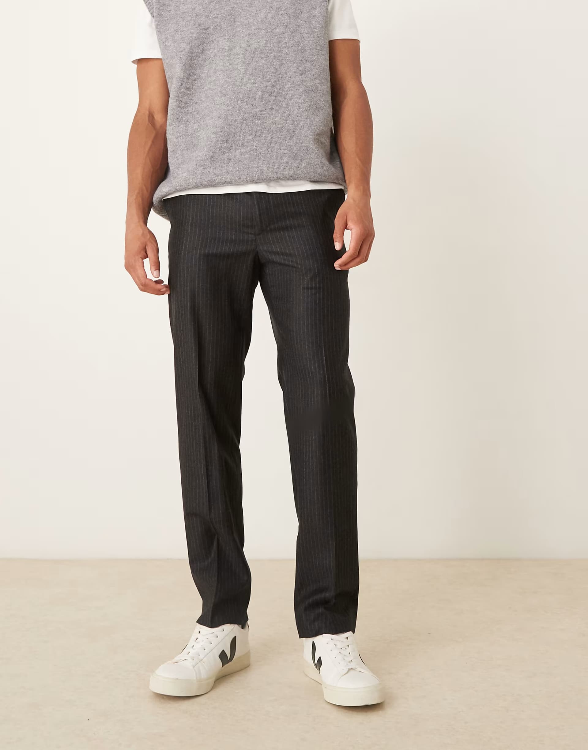 ASOS Mango 100% wool tailored pleat front pin stripe trouser in charcoal