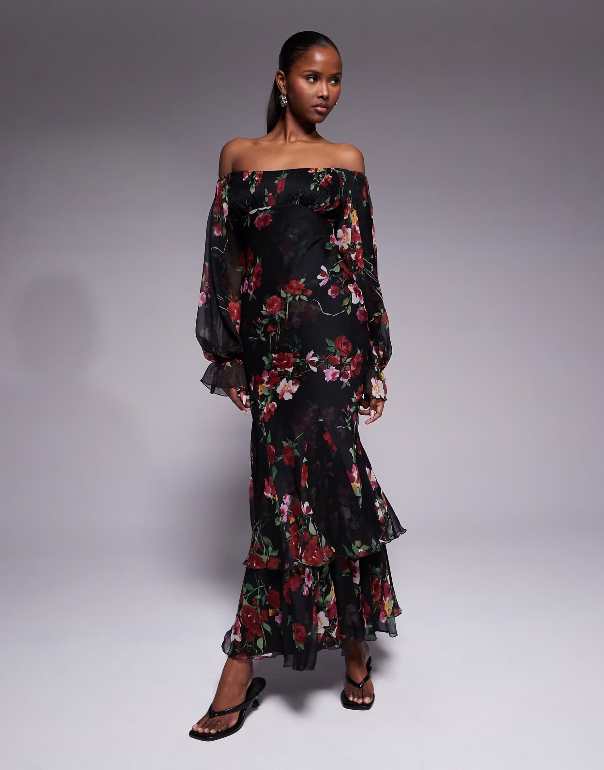 ASOS ASOS DESIGN bardot ruffle maxi dress with tiered godets and blouson sleeves in floral print