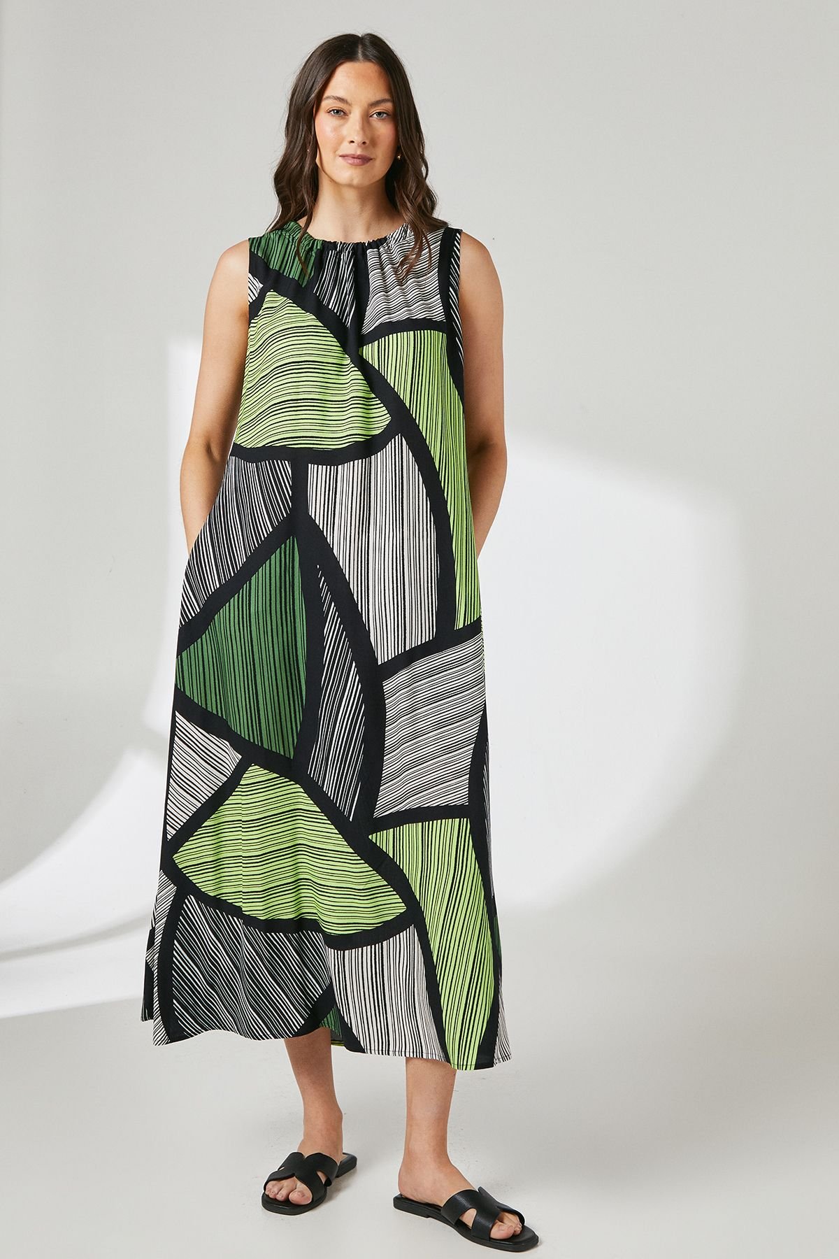 Principles Principles Women's Green Printed Tie Back Sleeveless Midi Dress - 2