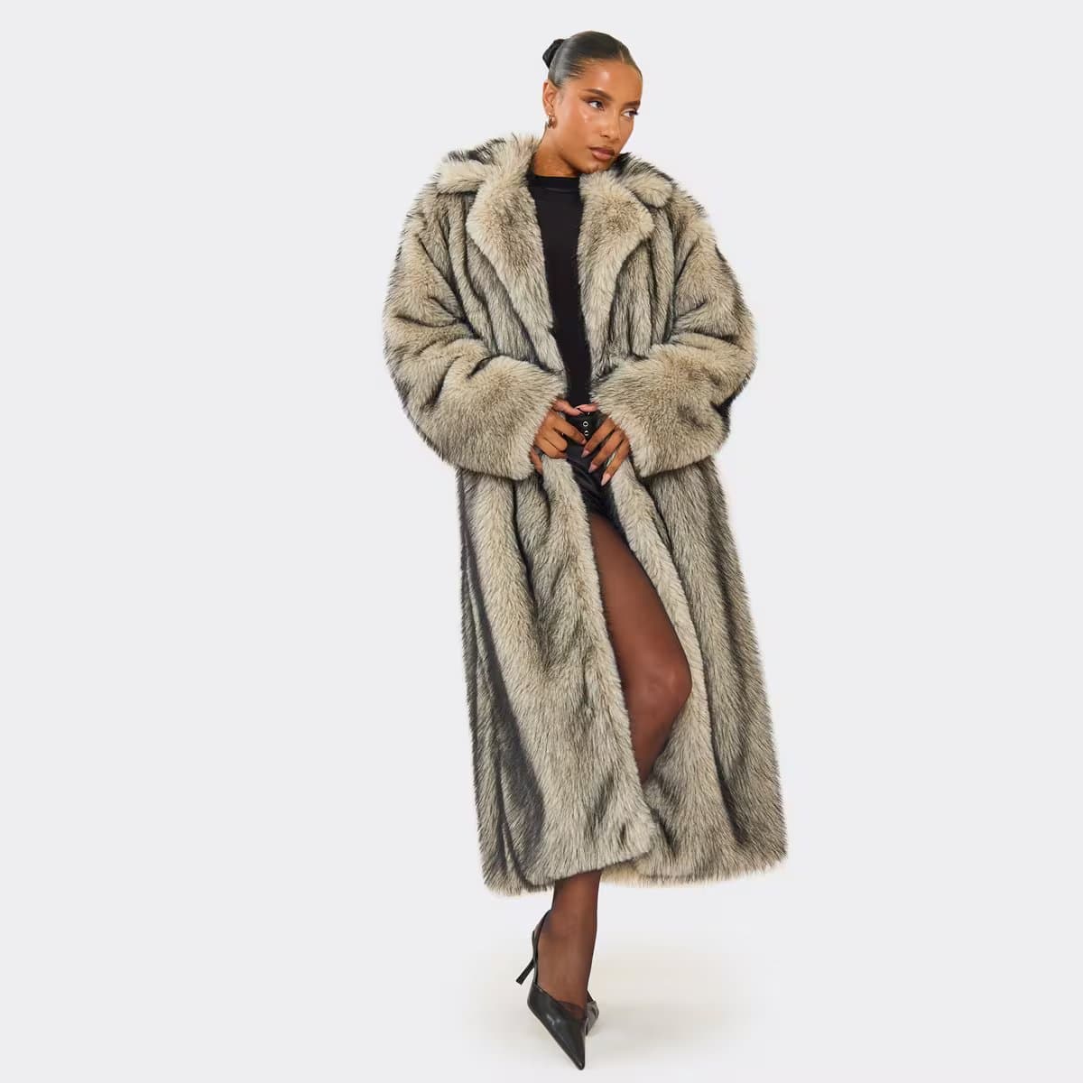 EGO Collar Detail Maxi Coat In Stone Faux Fur, Women's Size UK 4