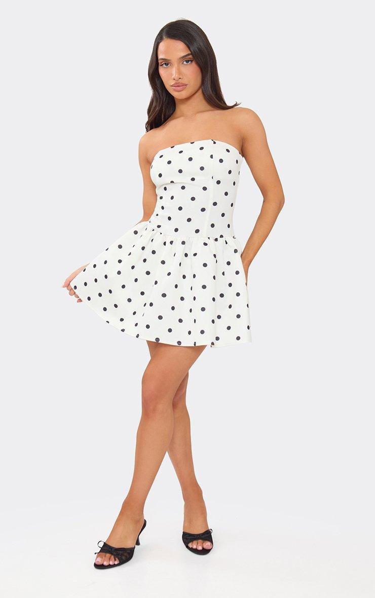 EGO Bandeau Pleated Mini Dress In White Polka Dot, Women's Size UK 6 - 2