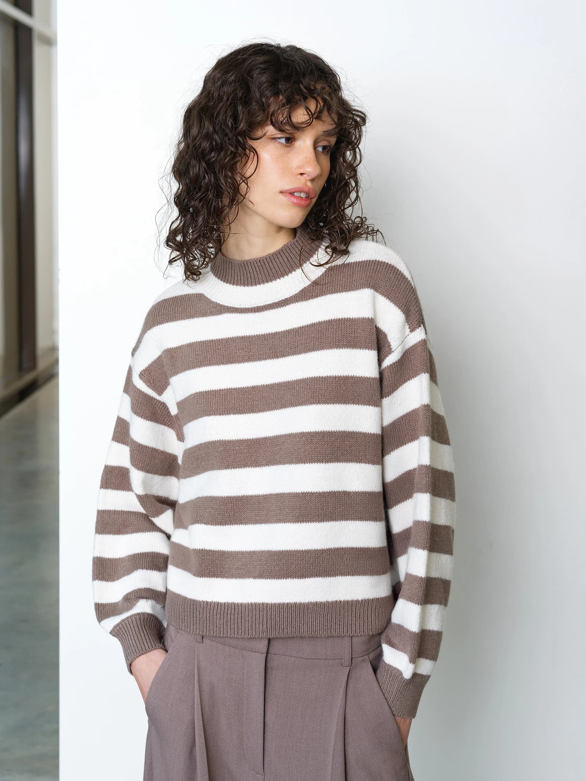 French Connection Larisa Knit Long Sleeve Striped Jumper Taupe/Porcelain Cream
