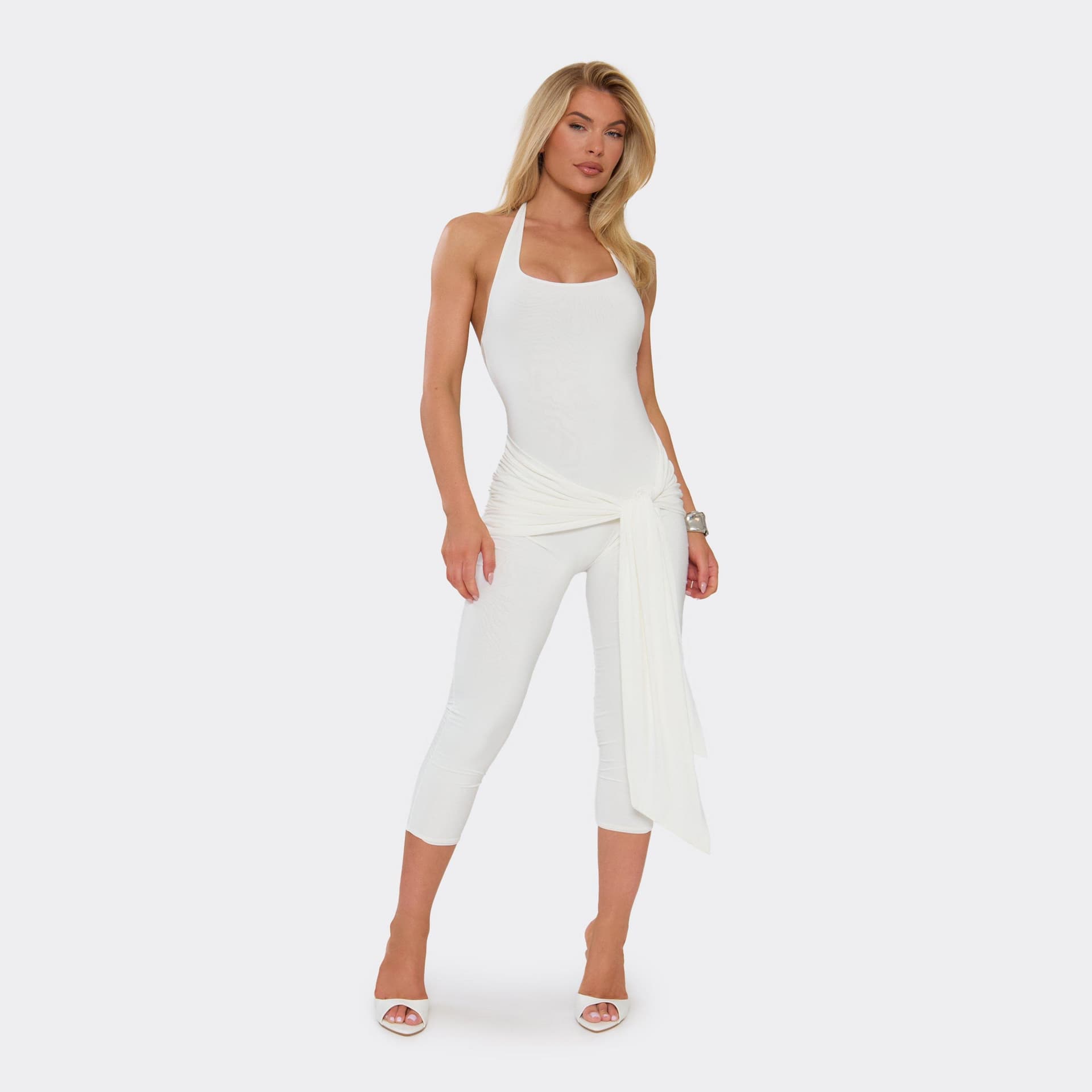 EGO Halterneck Tie Drape Front Capri Jumpsuit In Ivory, Women's Size UK 6