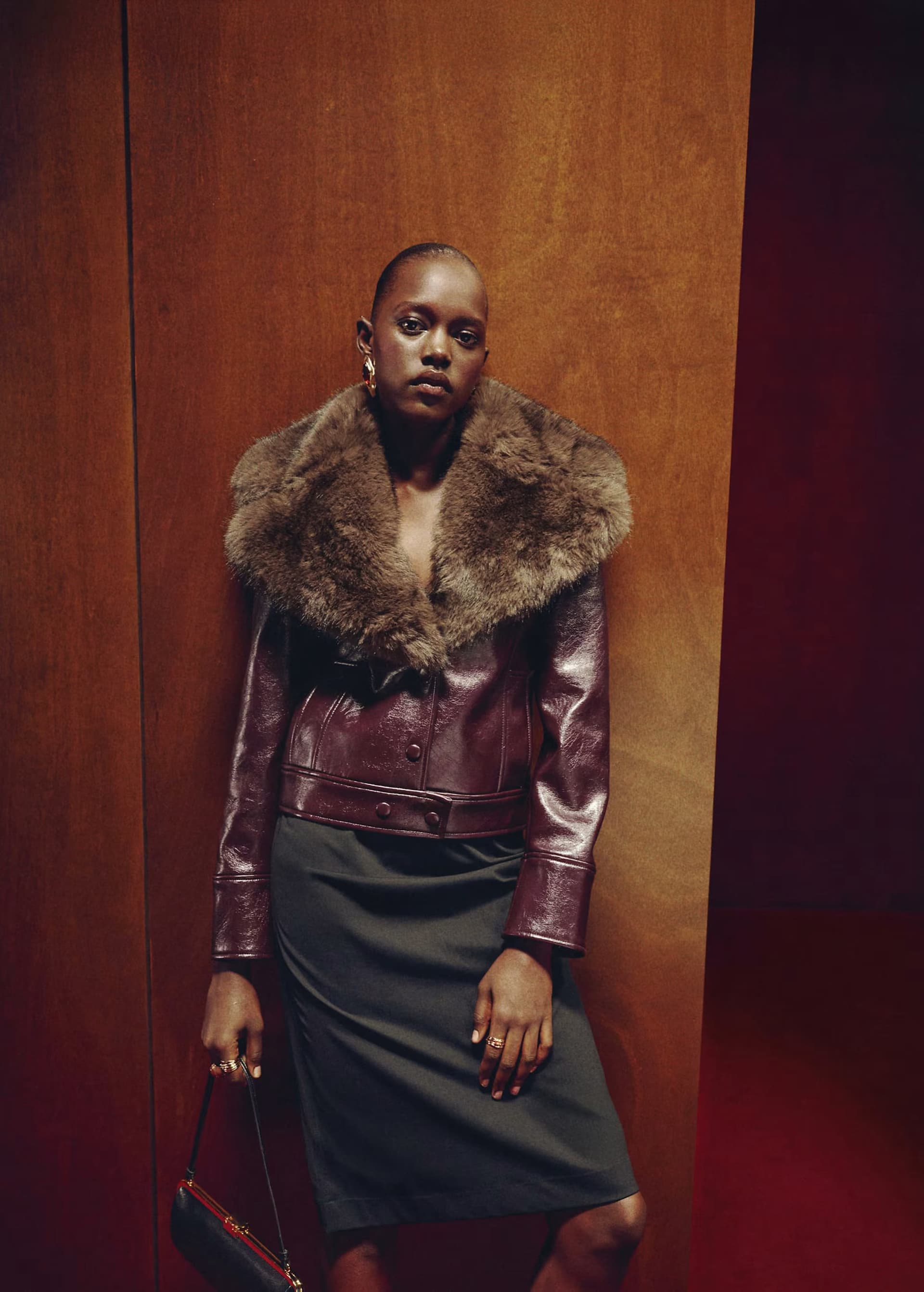 ASOS Mango faux leather short jacket with faux fur collar in burgundy