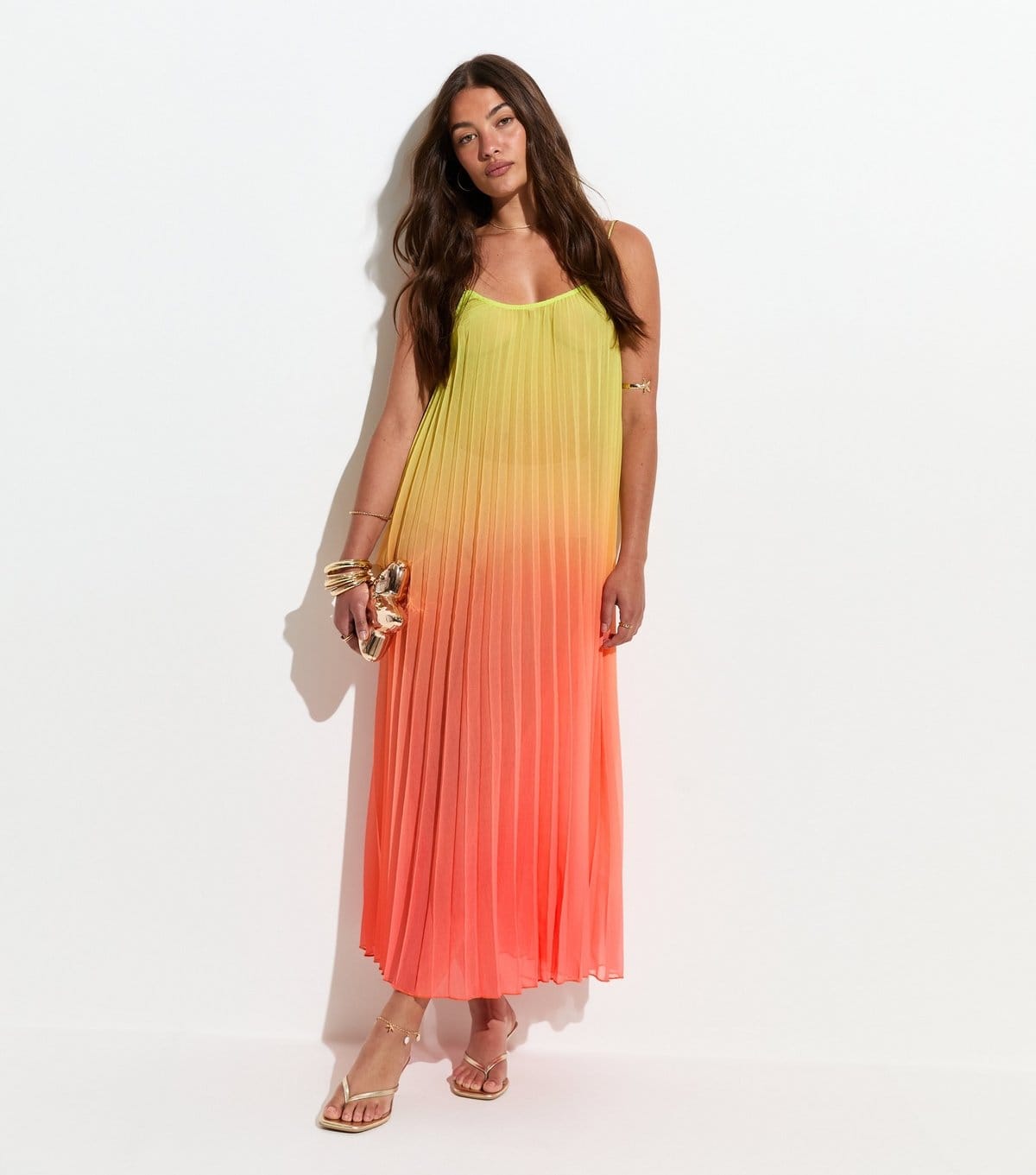 New Look Yellow Ombre Pleated Beach Maxi Dress