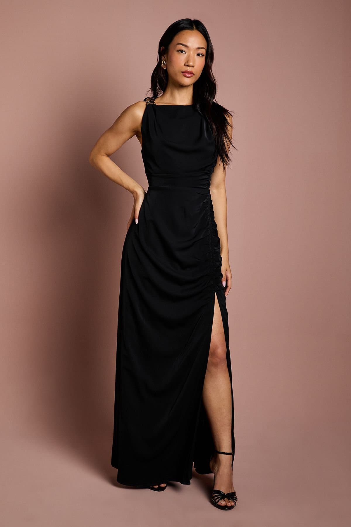 Coast Coast Women's Sleeveless Ruched Maxi Dress With Buckle Detail in Black