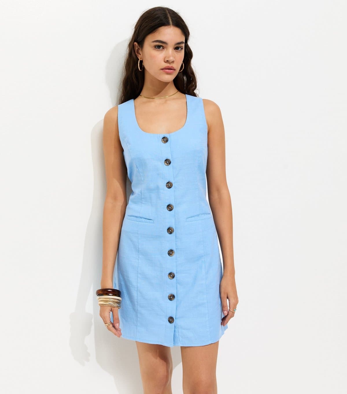 New Look Women's Light Blue Cotton Button Through Mini Dress New Look