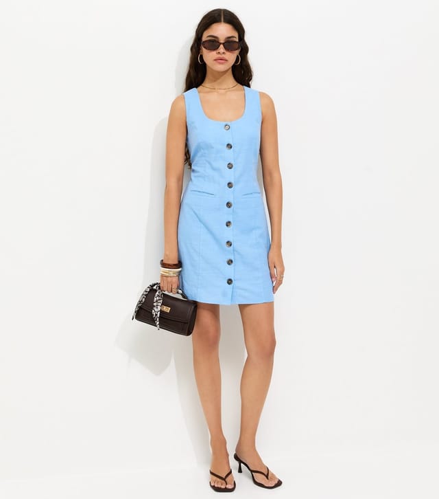 New Look Women's Light Blue Cotton Button Through Mini Dress New Look - 3